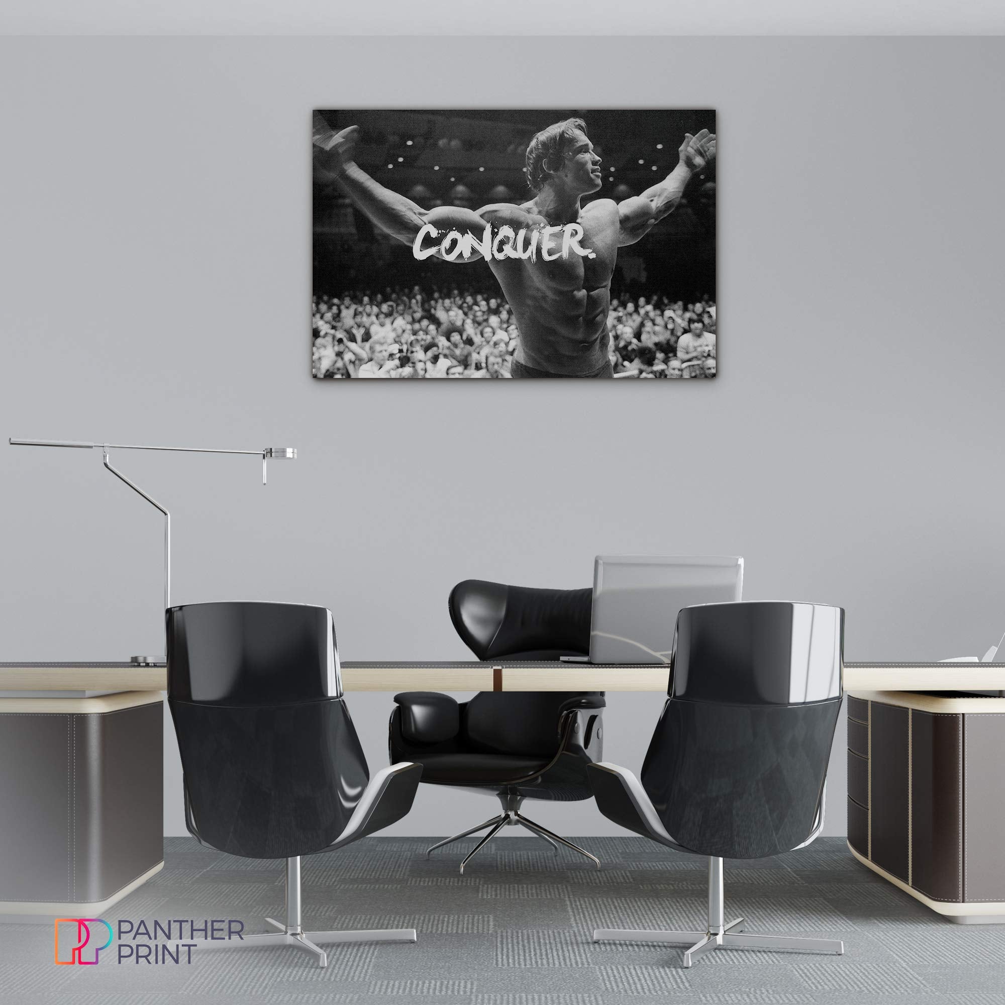 Panther Print  Large Canvas Wall Art  Beautiful Living Room Framed Art  Quality Picture Prints for Walls  Motivational Design  Arnold Schwarzenegger Conquer  Print for Special Occasions (30 x 20 Inch)