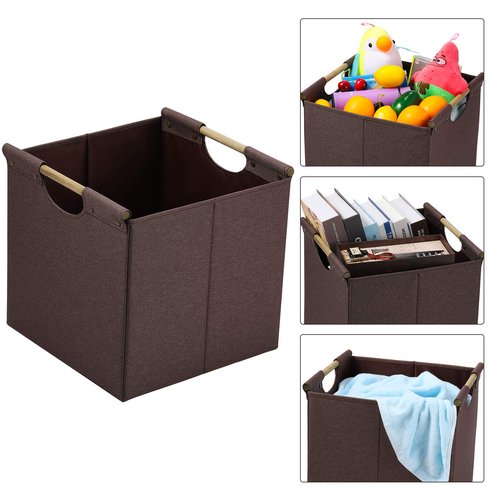 Hoonex Collapsible Storage Bins, 12X12X12In Storage Cubes Linen Fabric, Pack Of 3, Storage Baskets With Wooden Carry Handles And