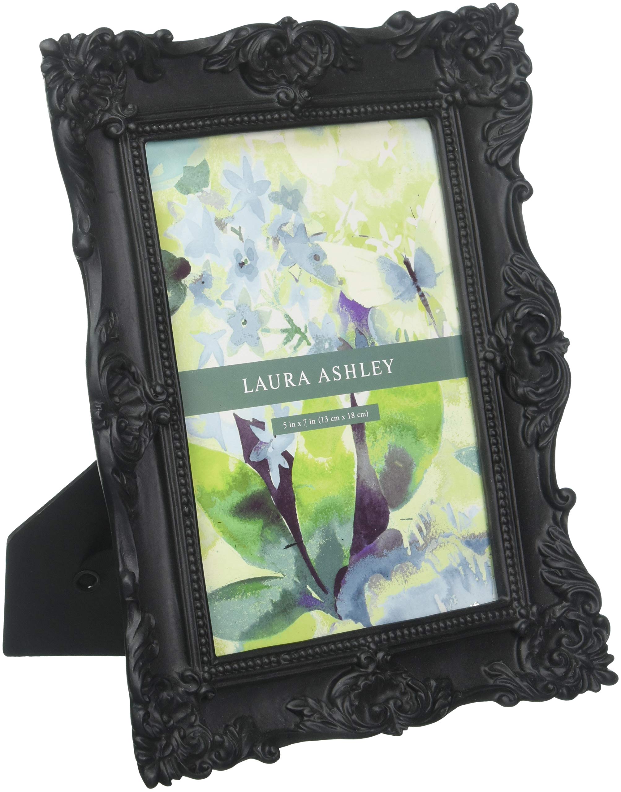Laura Ashley 5x7 Black Ornate Textured Hand-Crafted Resin Picture Frame with Easel & Hook for Tabletop & Wall Display, Decorativ