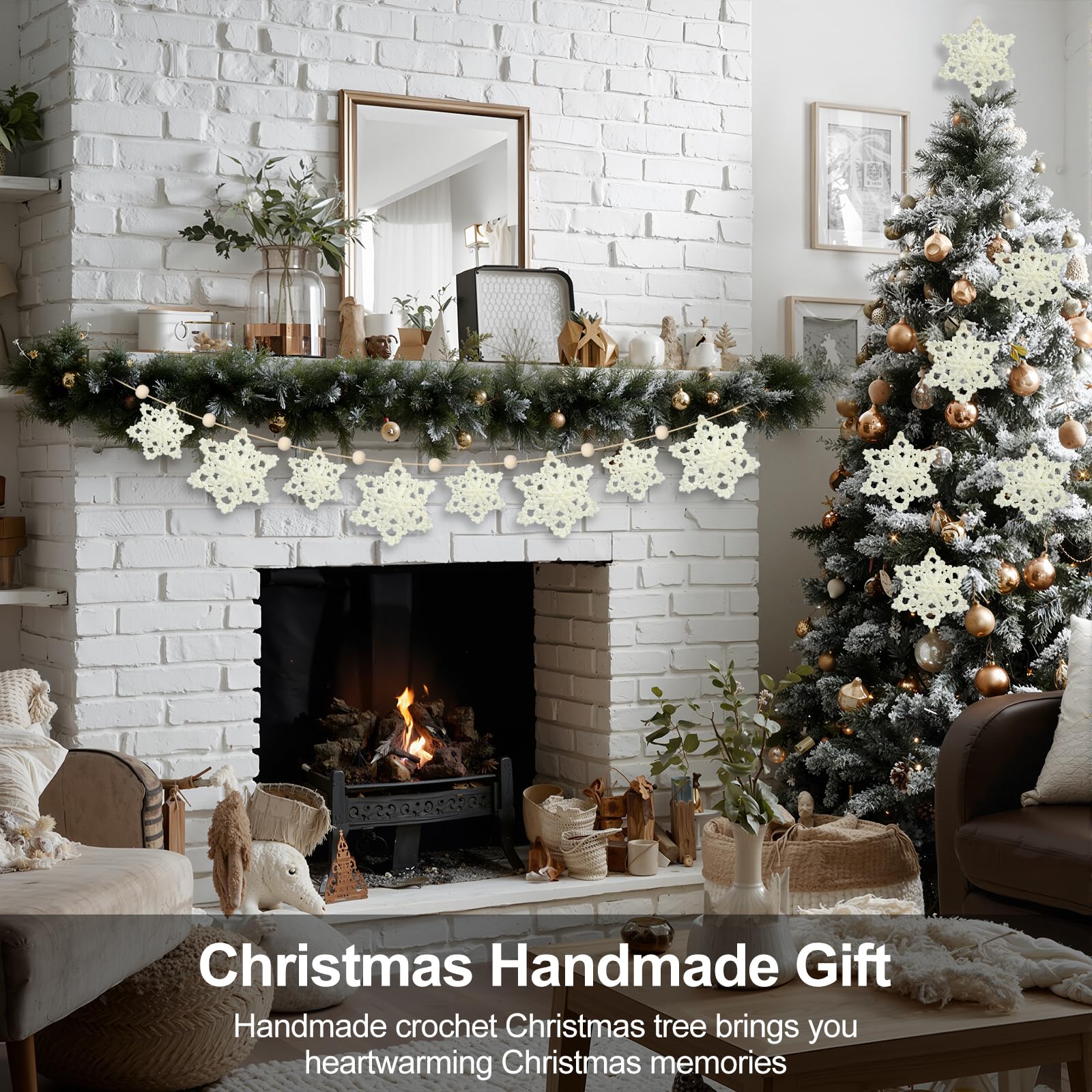 Tudomro Christmas Crochet Snowflake Garland 6.56ft Rustic Handmade Xmas Banner Snowflake Wooden Beads Farmhouse Hanging Decor fo