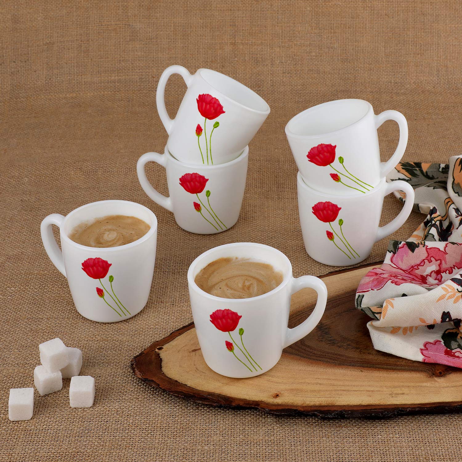 Cello Ricca Mug 6 Pcs Set | Cups For Tea,Coffee,Espressoc| Thermal Resistant | Light Weight | Ideal Gifting Option | Red Poppy |