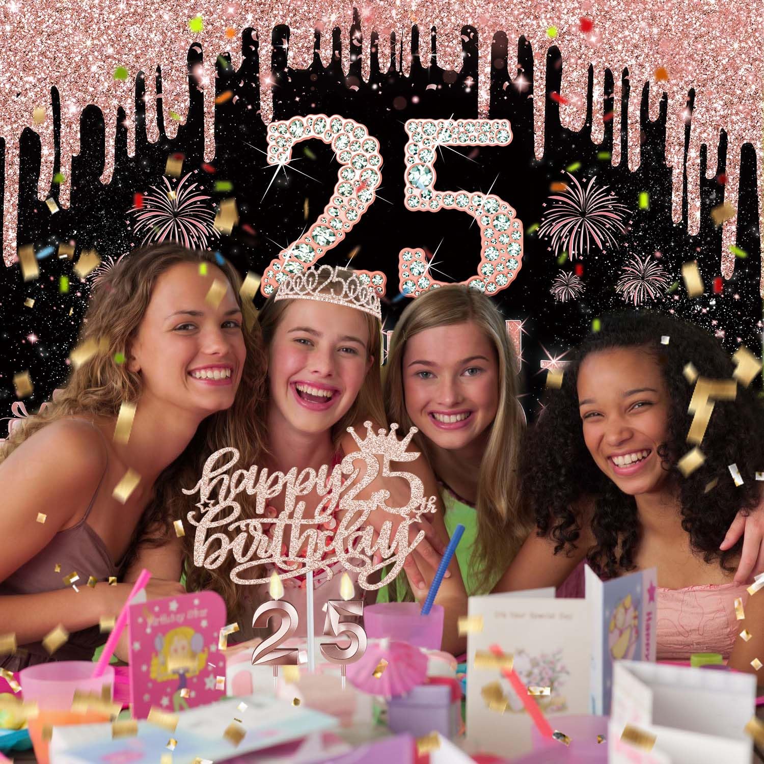 25Th Birthday Decorations For Women With Banner, Rose Gold Tablecloth, Number Balloons, 25Th Birthday Sash And Tiara, Cake Toppe
