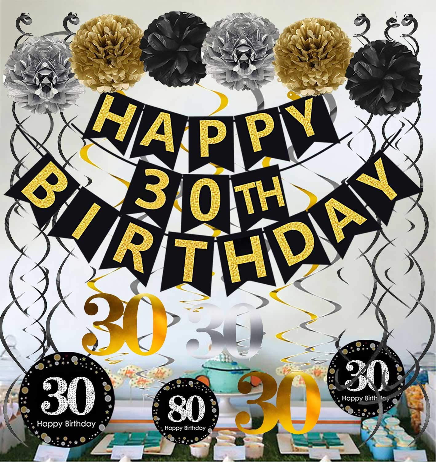 Famoby Black & Gold Glittery Happy 30Th Birthday Banner,Poms,Sparkling 30 Hanging Swirls Kit For 30Th Birthday Party 30Th Annive