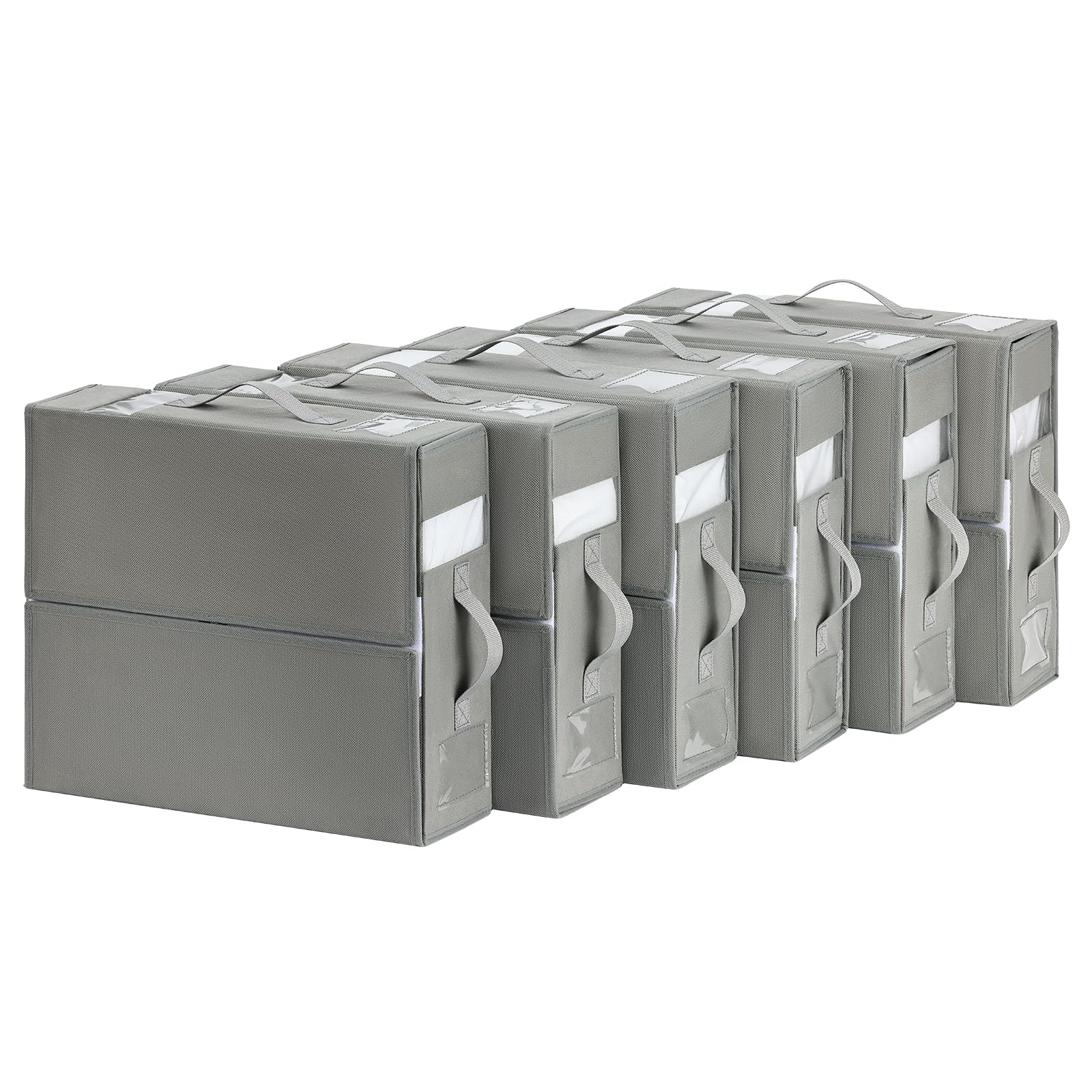 DIMJ Organizer 6 Pack, Foldable Storage Box for Linen Closet, Bed Sheet Organizers and Storage with Window (Grey, Queen & King S