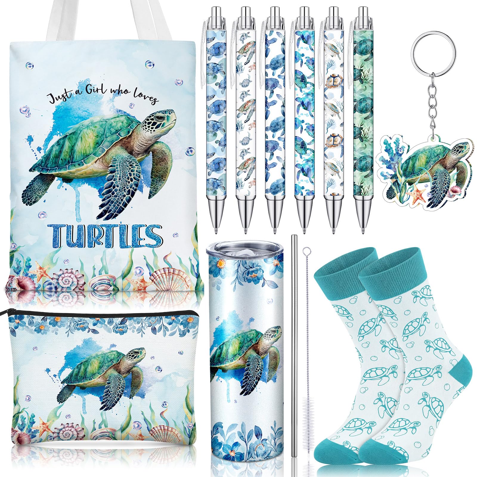 Gandeer 6 Pcs Sea Turtle Lover Gifts for Women Turtle Lover Birthday Gifts Set with 20 oz Tumbler Canvas Tote Makeup Bag Keychai