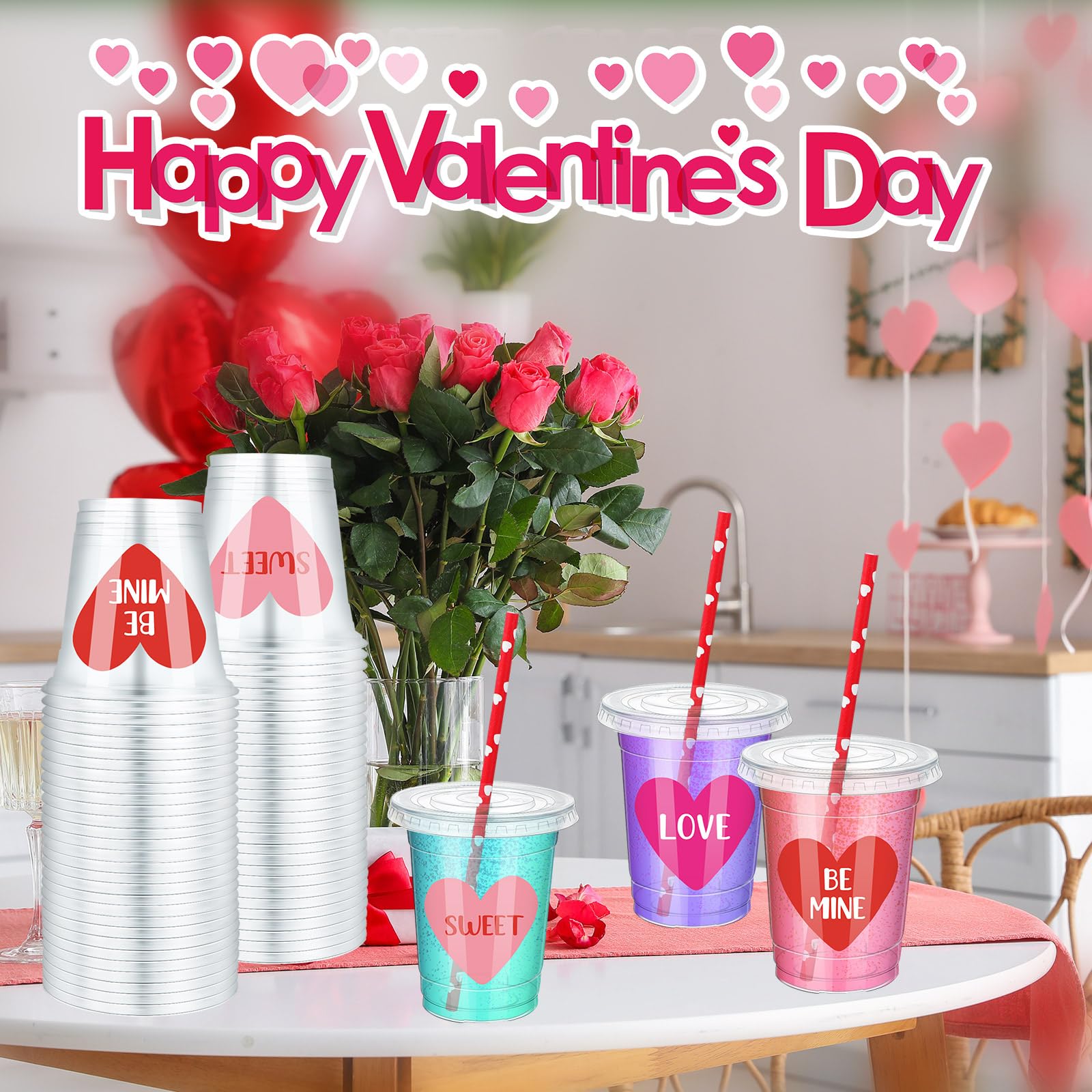 Patelai 120 Set 12 Oz Valentine'S Day Disposable Cups With Lids And Paper Straws Valentine'S Day Plastic Clear Pink Red Heart Be