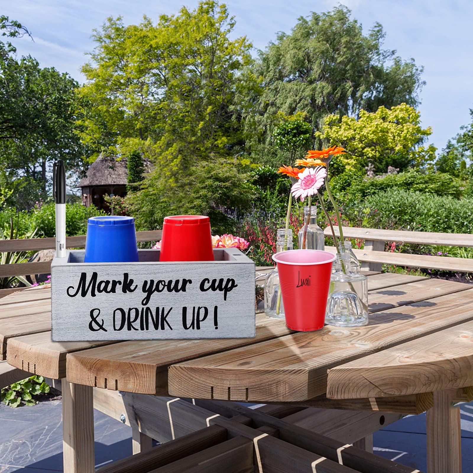 Yontiny Double Disposable Cup Holder With Marker Slot Mark Your Cup And Drink Up Drink Dispenser Wood Utensil Dispenser Farmhous