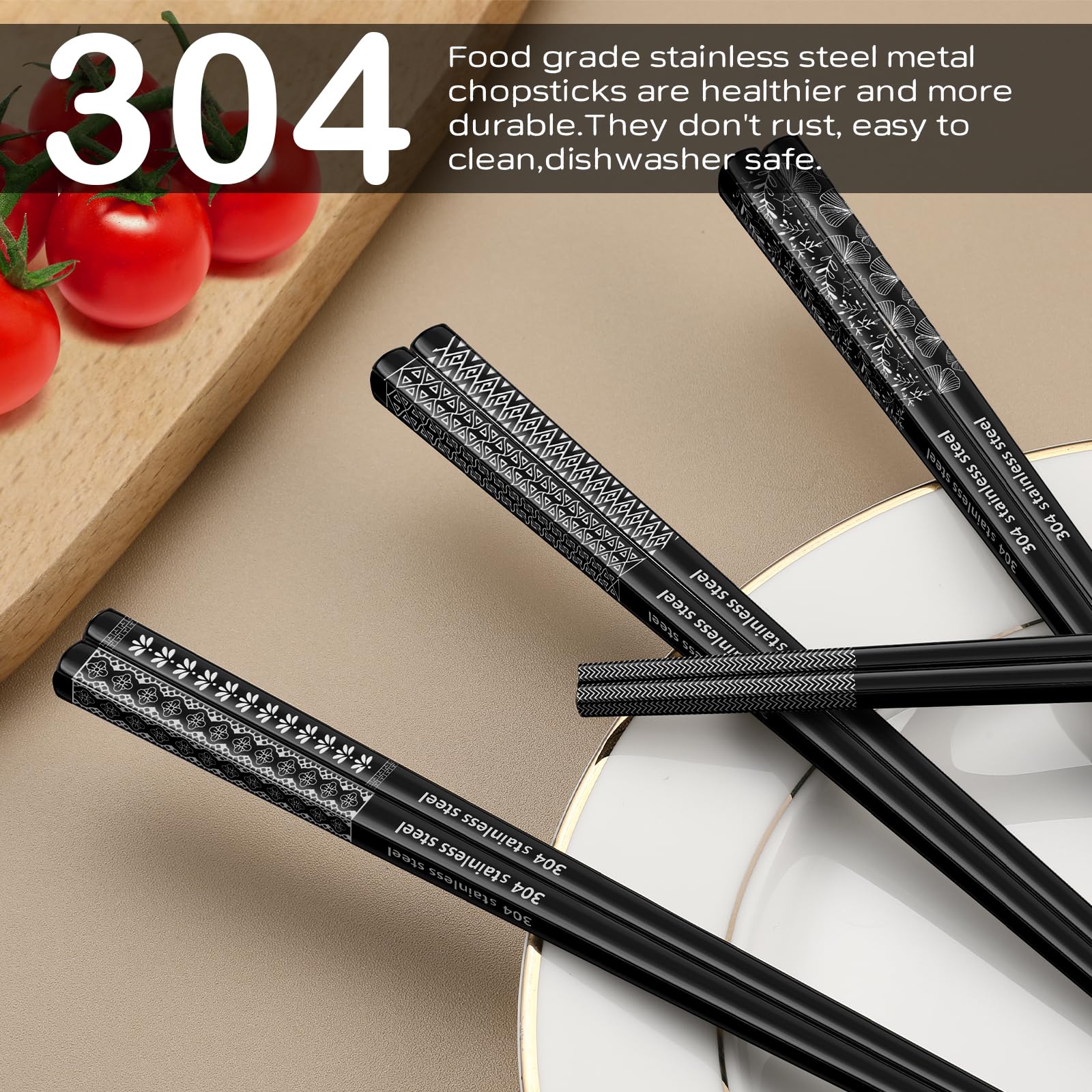 8 Pairs Metal Chopsticks Reusable Black Stainless Steel Chopsticks Set Laser Engraved Non-slip Japanese Korean Chinese Chopstick