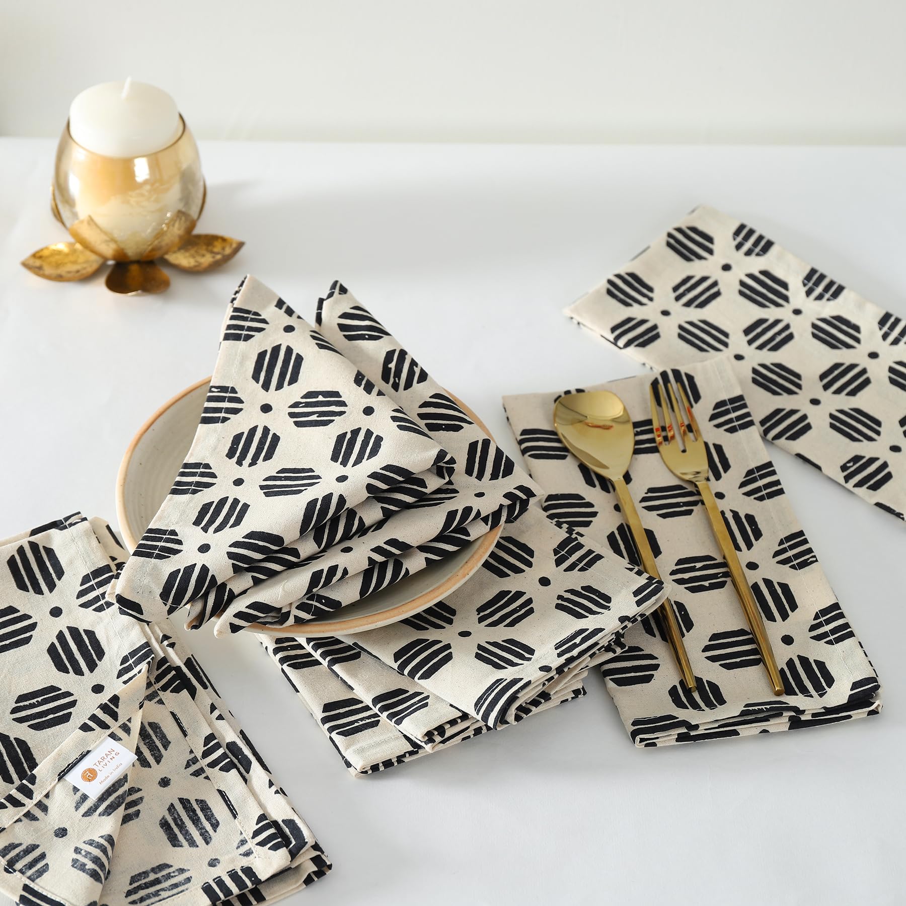 Taran Geometric Beige Print Cotton Dinner Napkins Set Of 12 | 18X18 Inches | 100% Natural, Reusable Linens For Dinner, Events, W