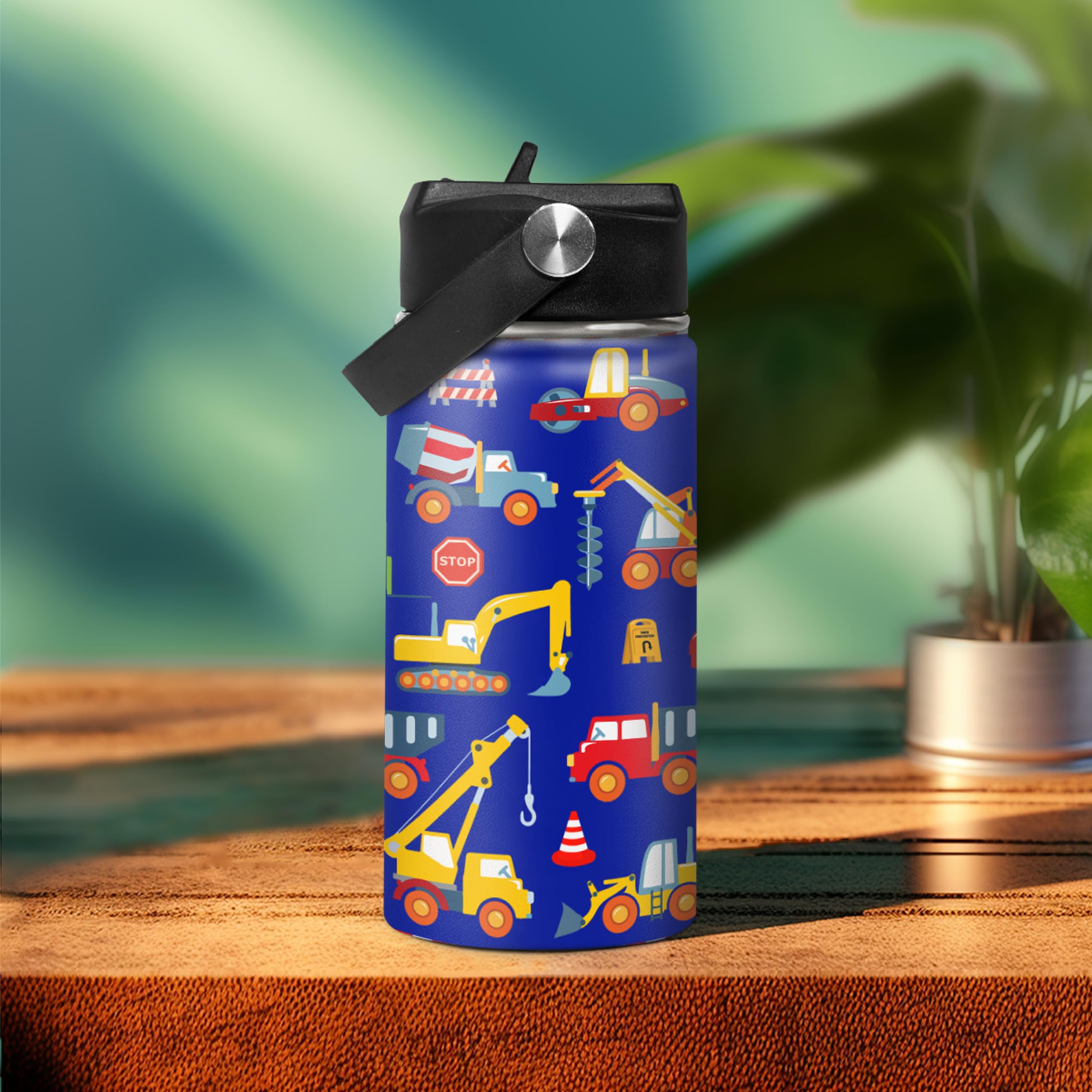 Kids Water Bottle With Straw Construction Insulated Water Bottles 12Oz Stainless Steel Travel School Tumbler Double Wall Vacuum