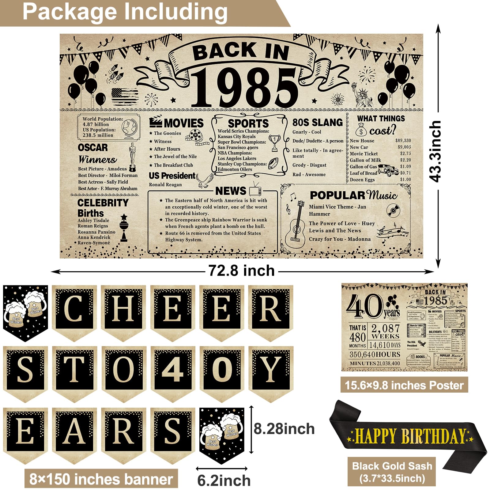 40Th Birthday Decorations For Men Women,24Pcs Back In 1985 Banner Decorations,Including Vintage Banner,6 Honeycomb Topper,Cheers