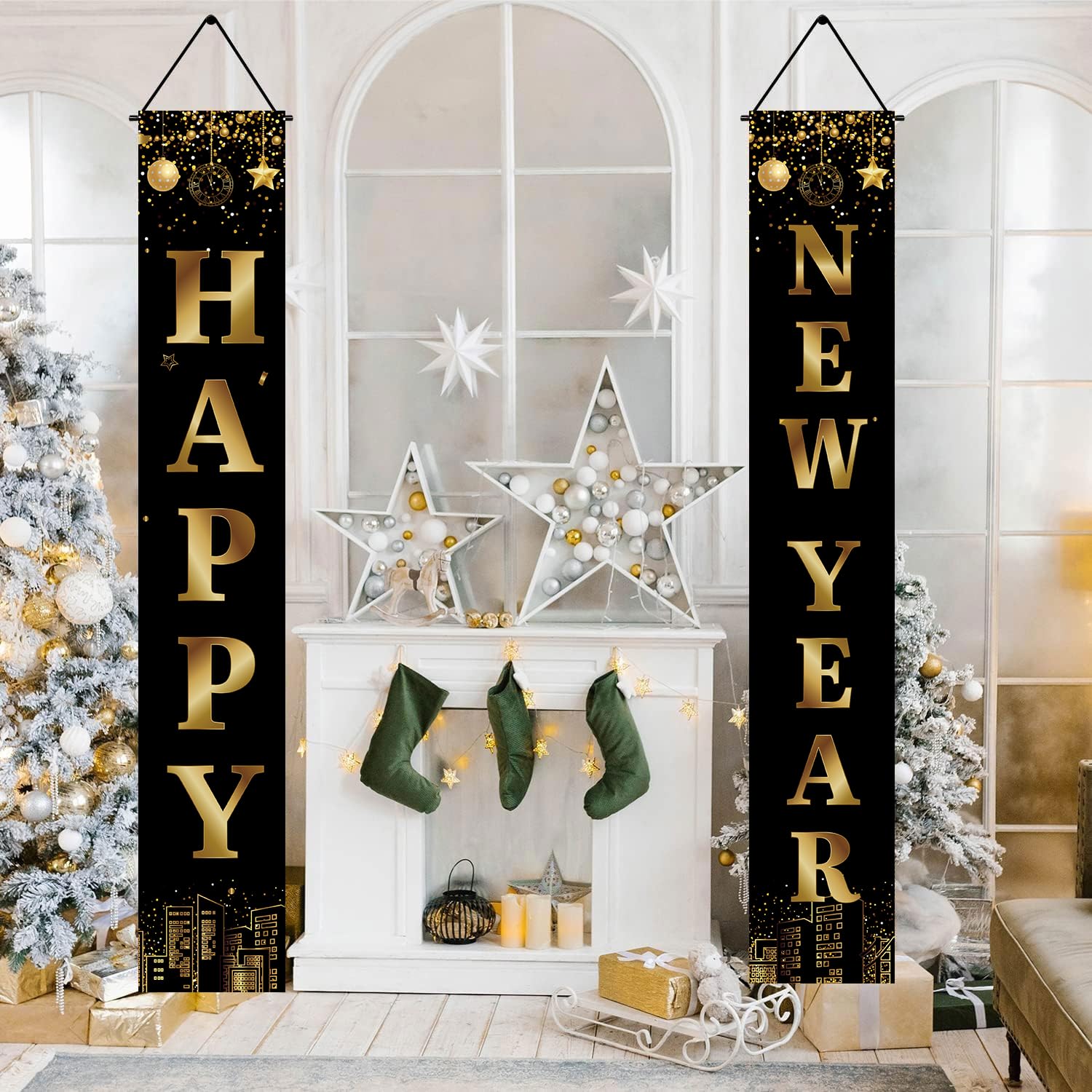 Holiwoer Happy New Years Decorations Banner 2025, Black & Gold NYE Party Supplies, Model ho29s