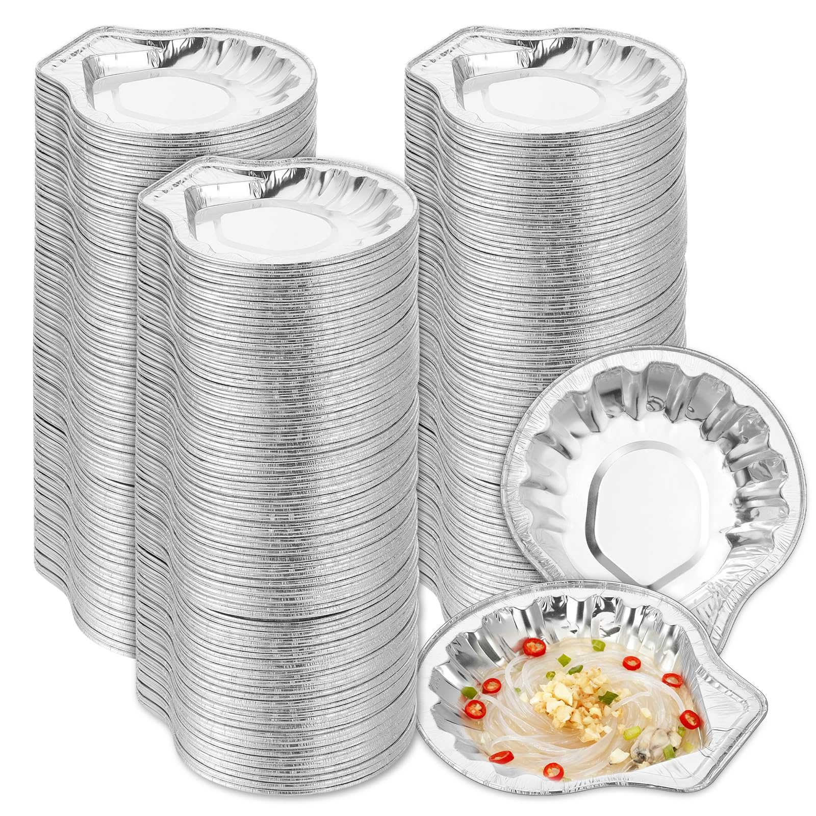SHENLIU 250 Pack Aluminum Foil Clam Shells, Disposable Food Shell Pans 3.9 x 3.7 Grillable Oyster Shells Baking Dish Pie Tins Pl