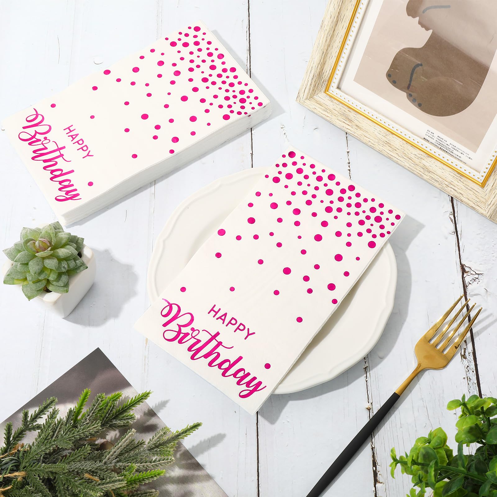 Jarthenaamcs 50Pcs Happy Birthday Guest Napkins Hot Pink Foil Dots Birthday Disposable Paper Napkins Dinner Hand Napkin For Vale