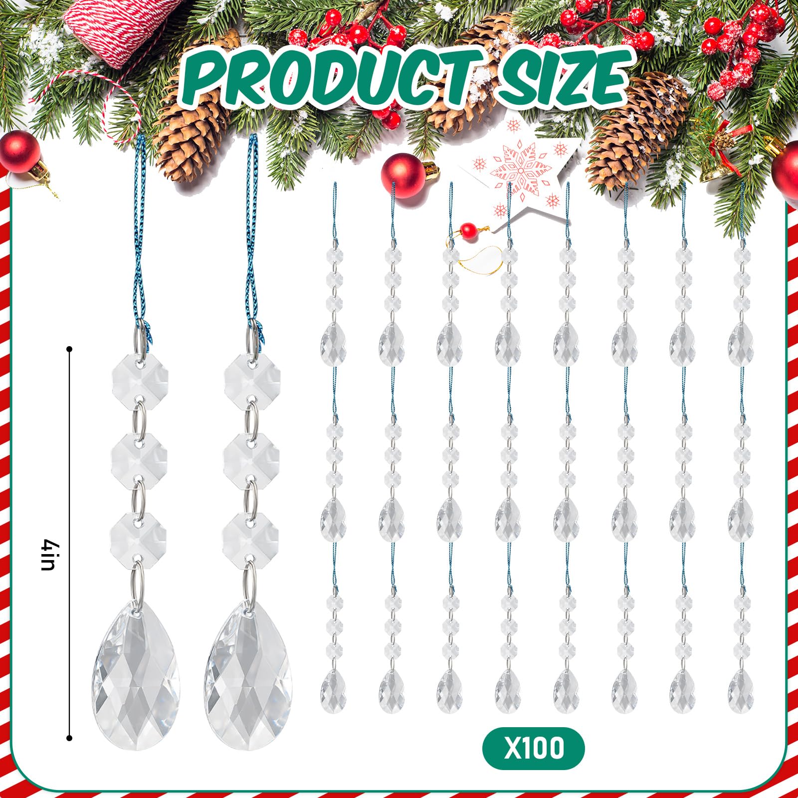 Syhood 100 Pcs Crystal Christmas Ornaments Hanging Christmas Tree Decorations Clear Acrylic Teardrop Bead Pendants for Xmas Home