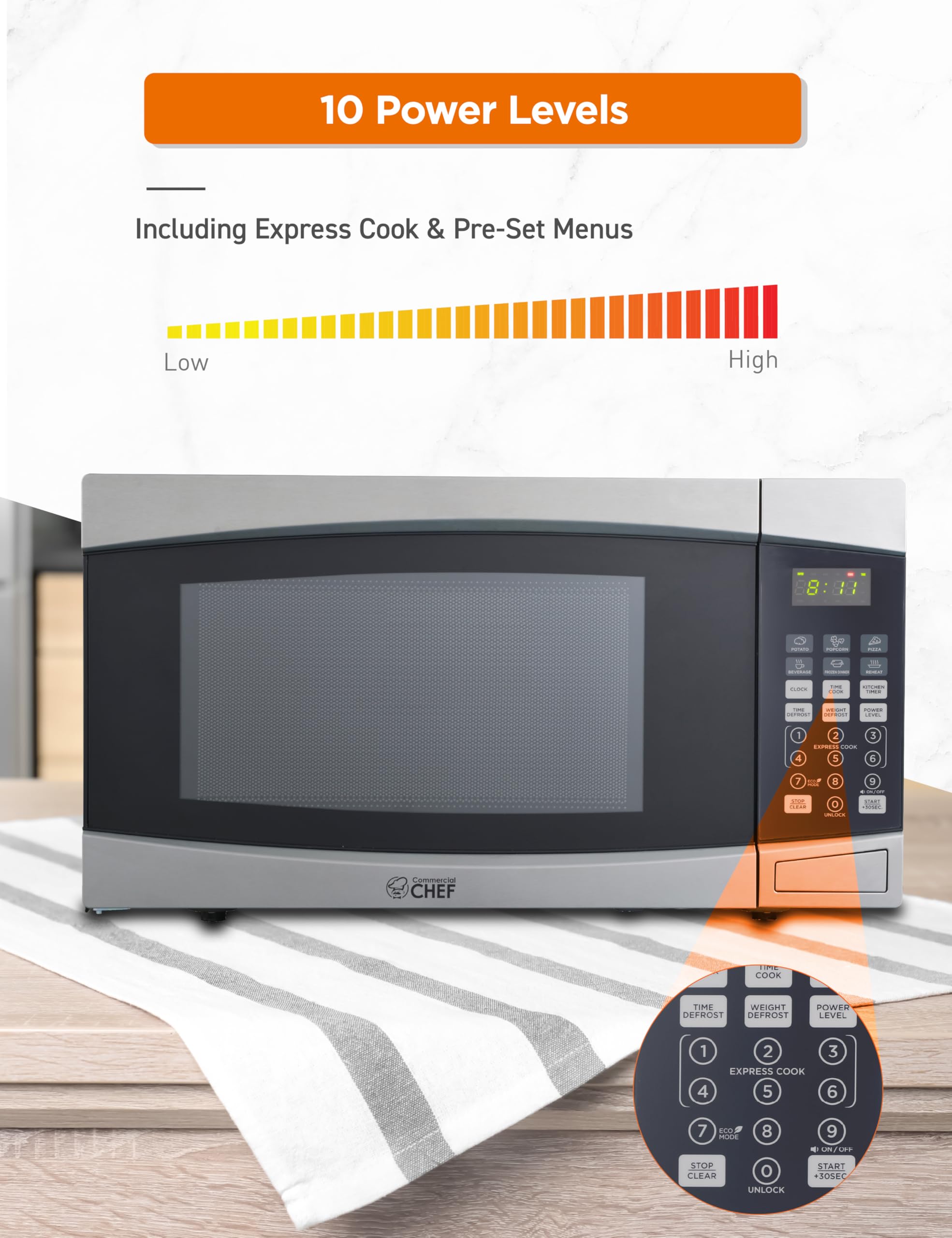Commercial Chef Chm16100S6C Countertop Microwave Oven,1000 Watts, Small Compact Size, 10 Power Levels, 6 Easy One Touch Presets