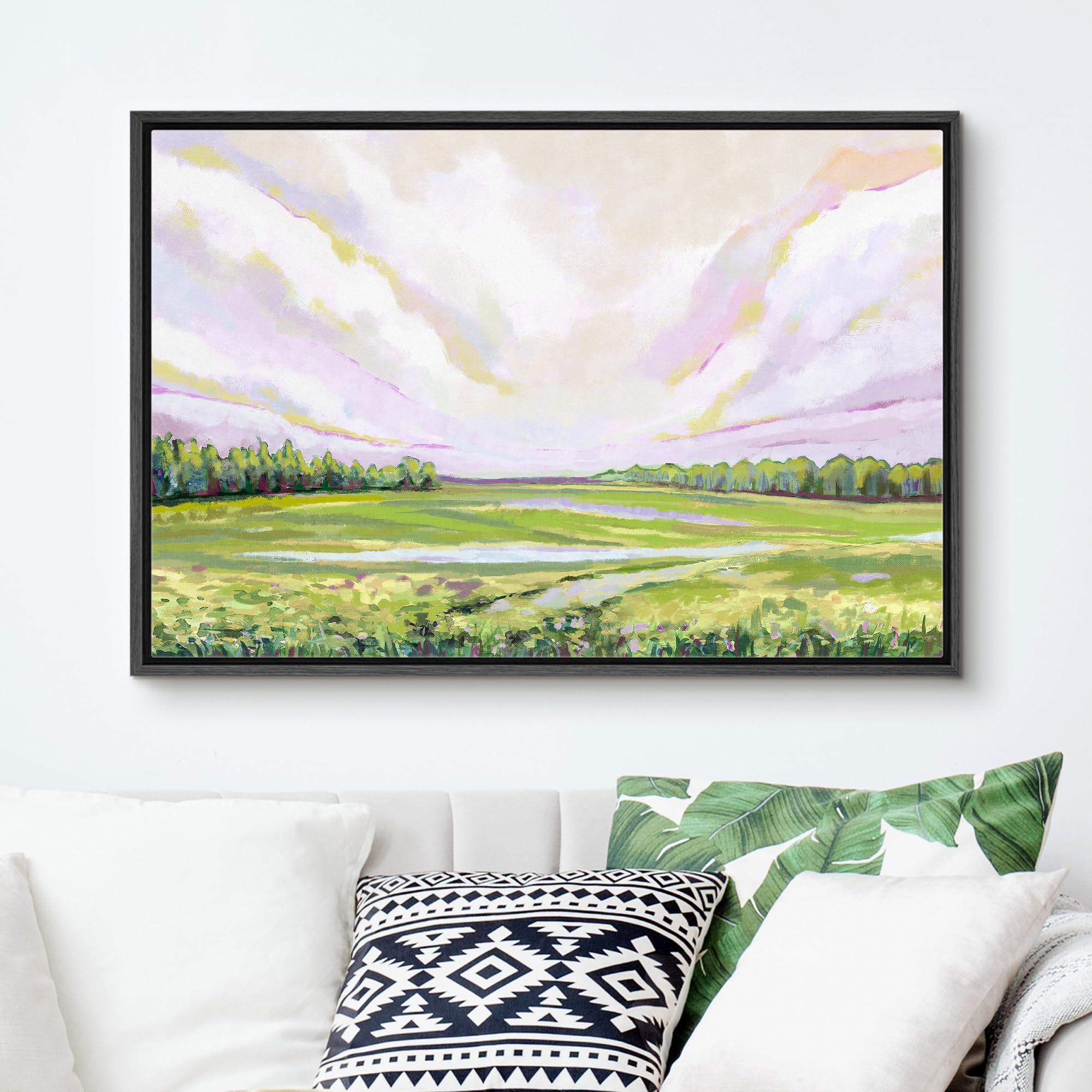 Signford Framed Canvas Print Wall Art Abstract Cloudy Lanscape Nature Wilderness Illustration Minimalism Decorative Colorful Rus