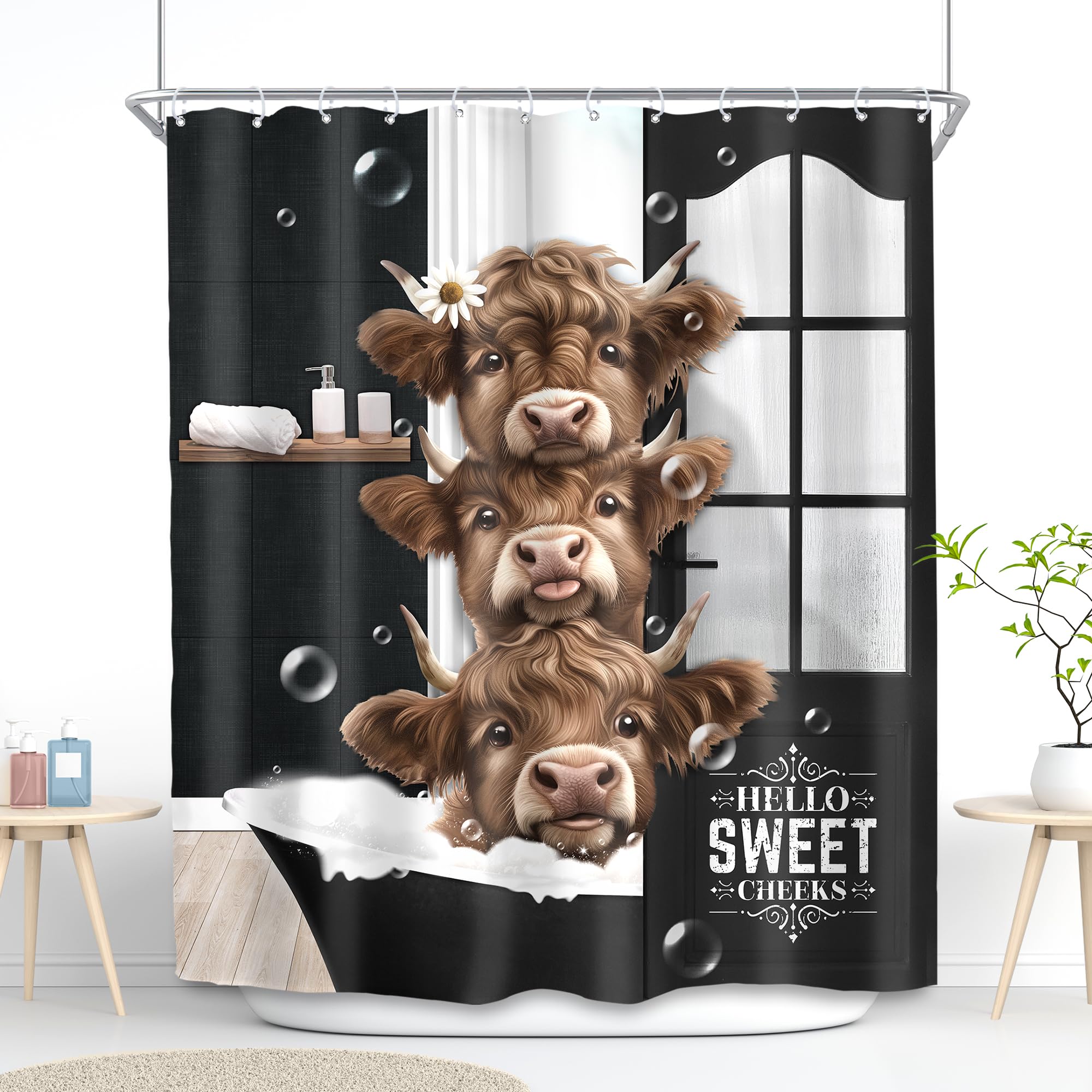 Svbright Funny Highland Cow Shower Curtain 60Wx72L Inch Western Kids Bull Calf Farmhouse Cute Animal Country Black Barn Cattle 1