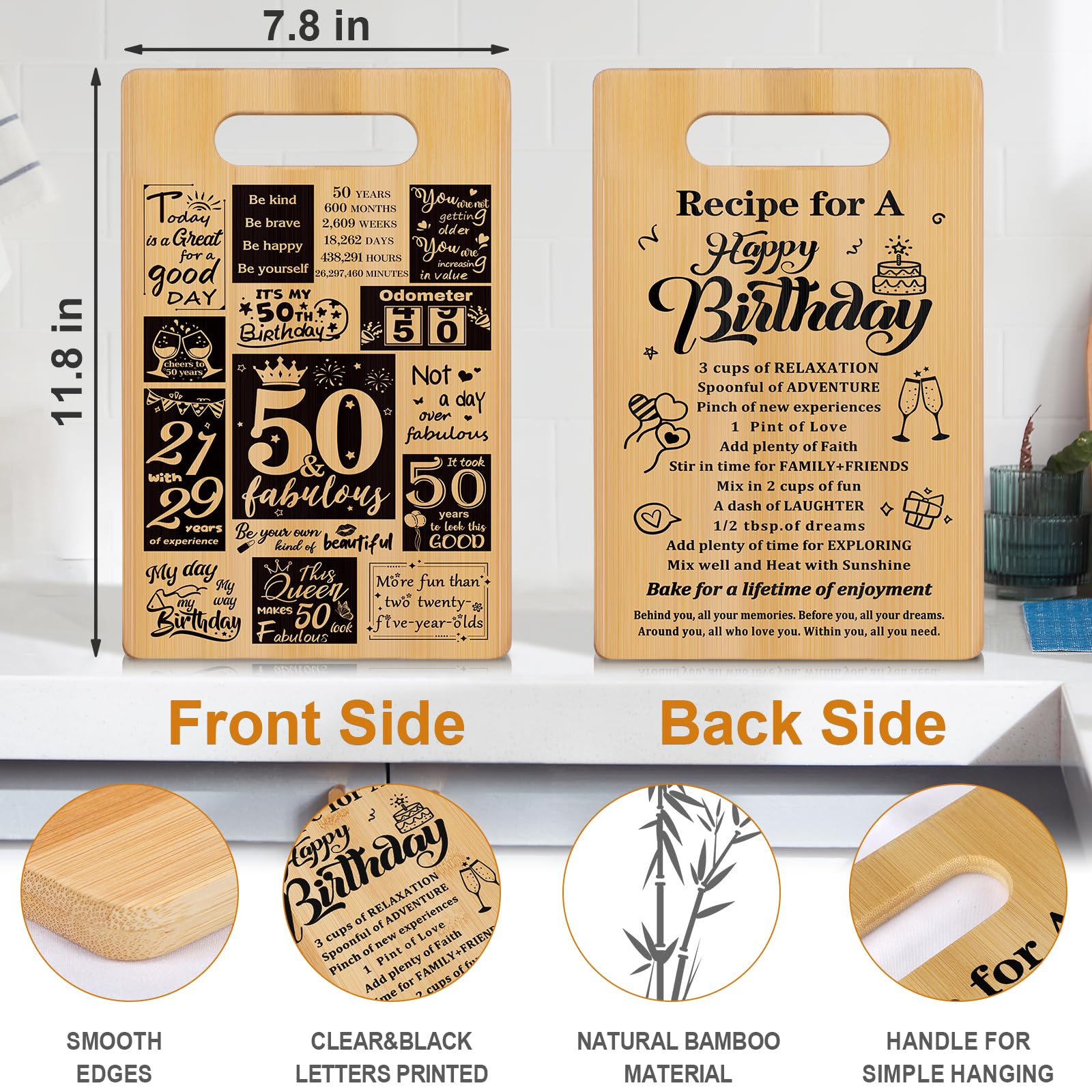 50th Birthday Gifts for Women Men,Turning 50 and Fabulous&Recipe for A Happy Birthday Double sided Cutting Board Gift for Her Hi