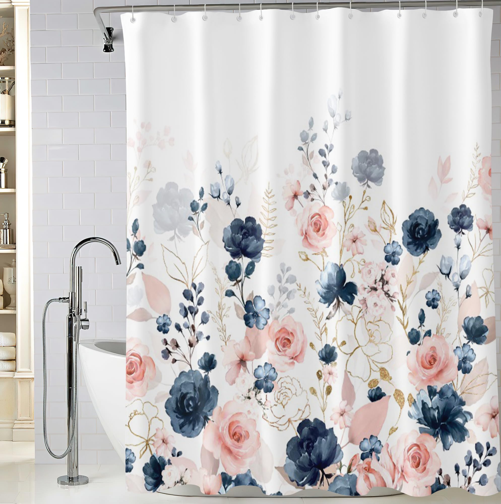 Bivinar Navy Blue And Pink Floral Shower Curtain, Watercolor Flowers Bathroom Shower Curtain, Waterproof Fabric Shower Curtain W