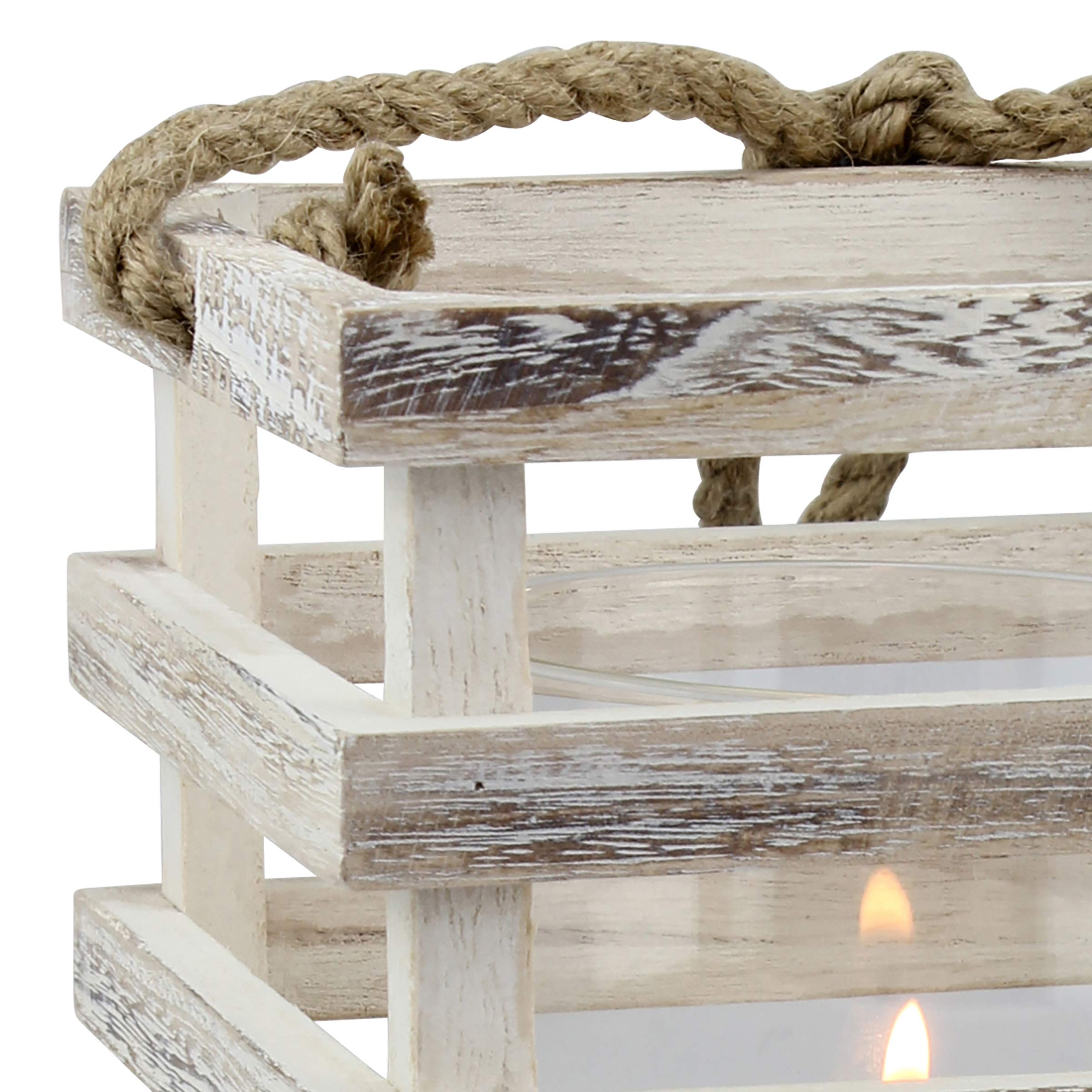 Stonebriar SB-5080B Worn White Wooden Beach House Candle Lantern with Rope Handle and Removable Glass Cylinder Hurricane, MEDIUM