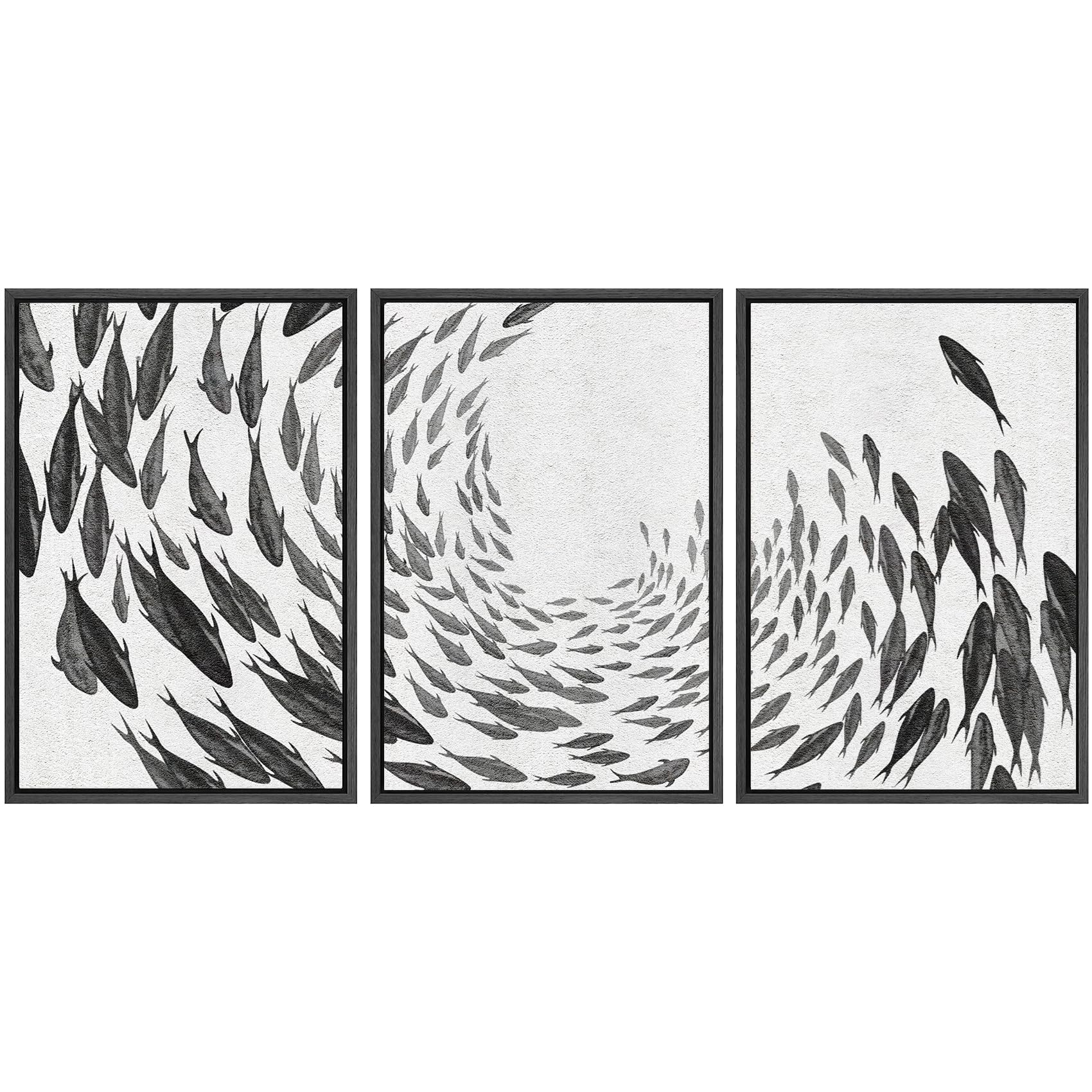 Signwin Framed Canvas Print Wall Art Swirling School Of Fish Abstract Shapes Illustrations Modern Art Minimalist Black And White
