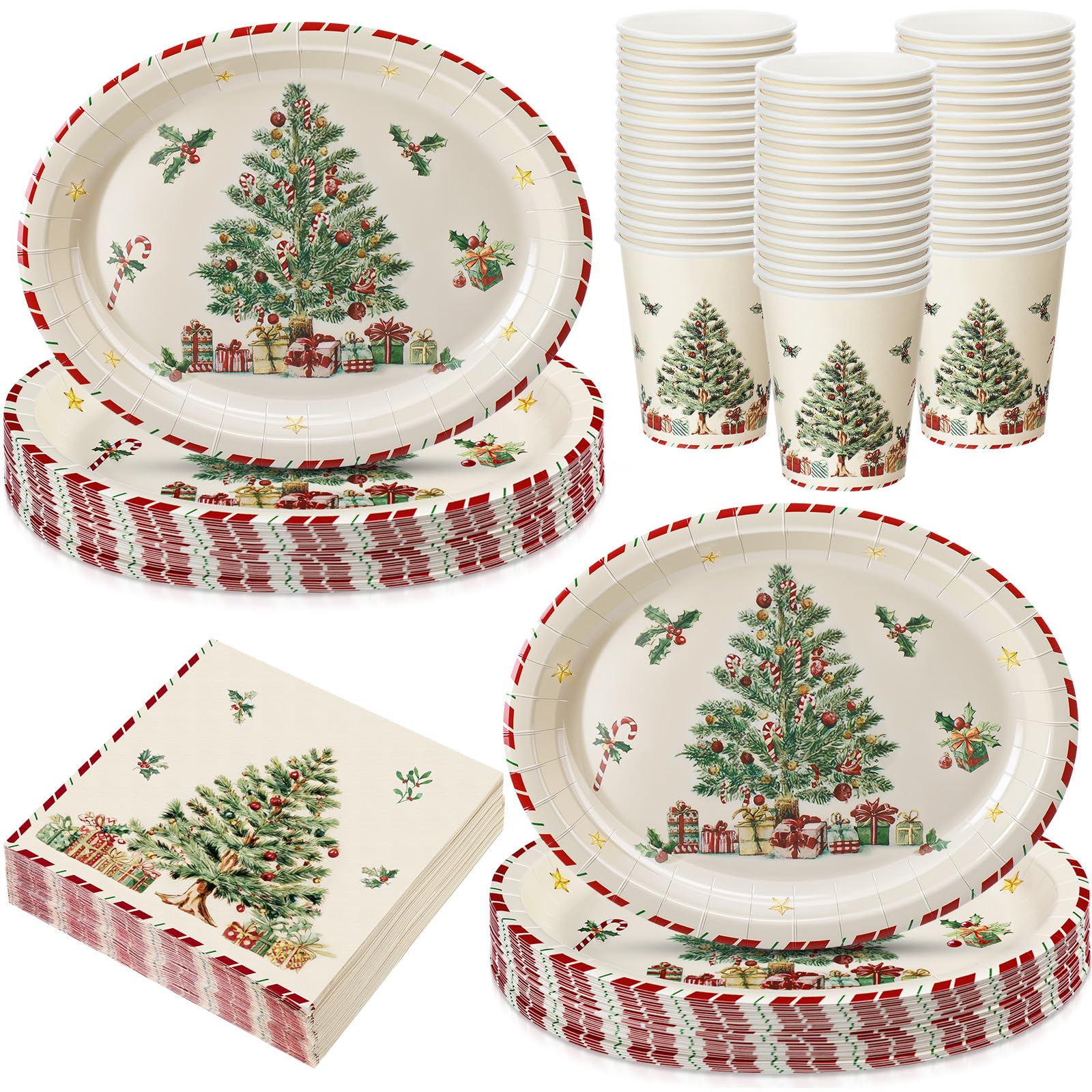 Vesici 150 Pcs Christmas Tableware Set Party Supplies Christmas Oval Paper Plates Cups and Napkins 10 x 12 Large Heavy Duty Disp