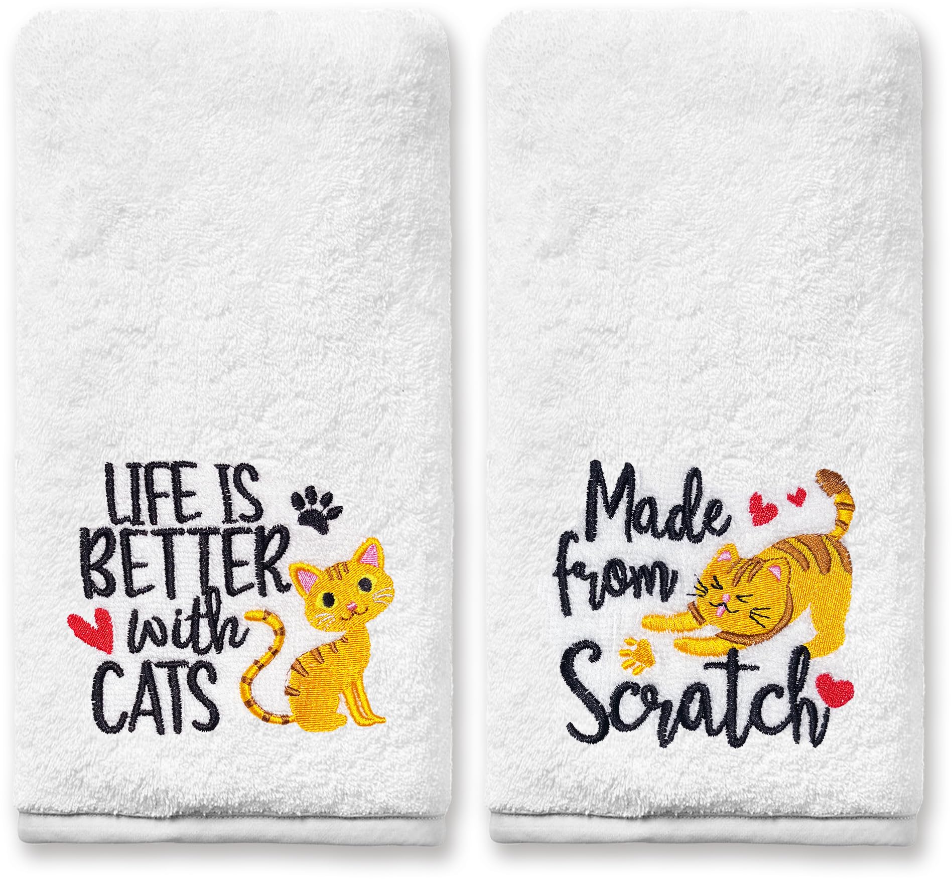 FUTBU Cat Hand Towels for Bathroom - Set of 2, Embroidered Cat Lover Gifts, Soft Cotton 14x30 Inches