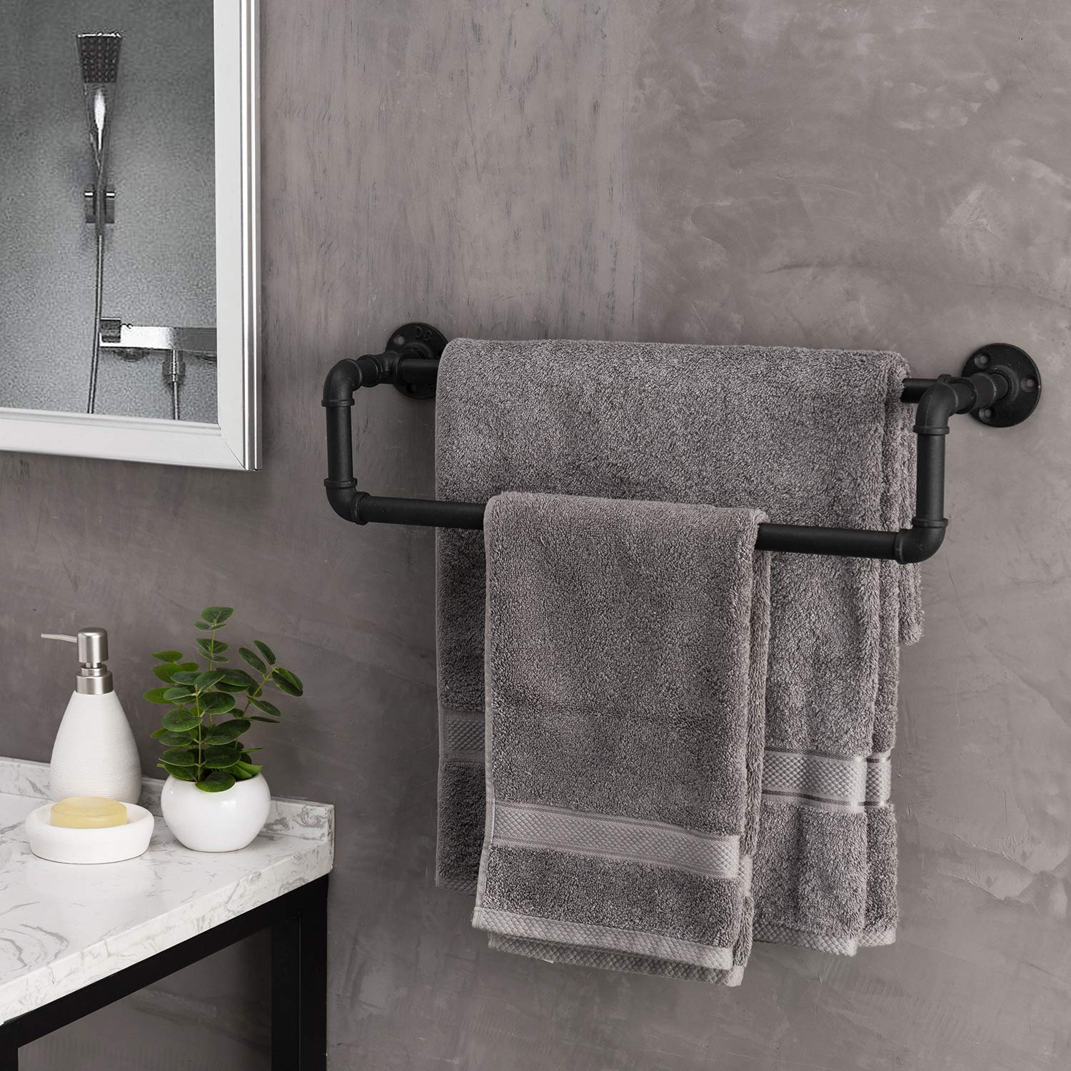 Mygift Industrial Metal Matte Black Towel Bar With Realistic Pipe Design, 2 Tier Wall Mount Bathroom Fixtures Bath Towel Rack