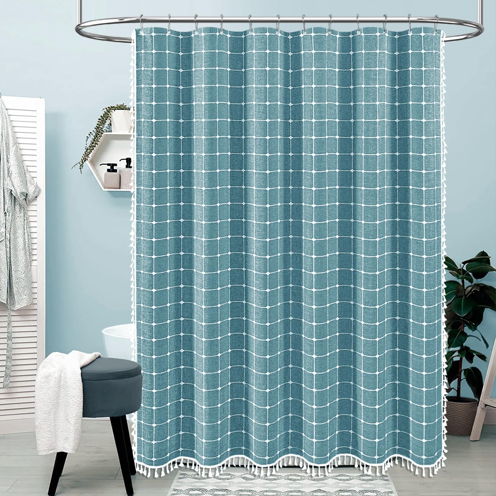 Bttn Extra Long Shower Curtain, 72X96 Inch Long Boho Chic Linen Fabric Heavy Duty Shower Curtain Set With Hooks, Tall Bohemian F