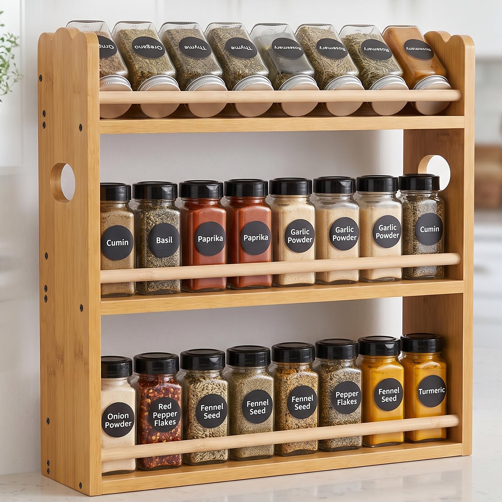 3 Tier Bamboo Spice Rack Organizer, Countertop Spice Shelf for Kitchen