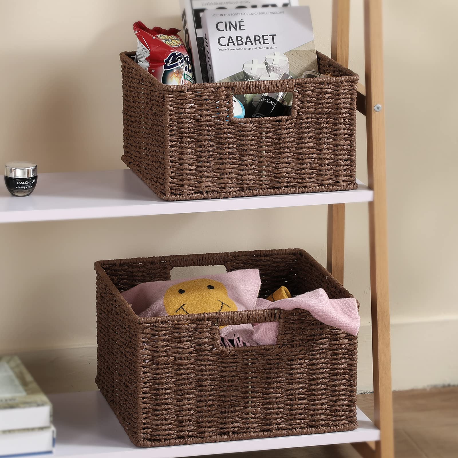 HOONEX Storage Baskets for Organizing  Decorative Round Paper Rope Woven Baskets for Storage with Carrying Handles  Set of 2  Dark Brown