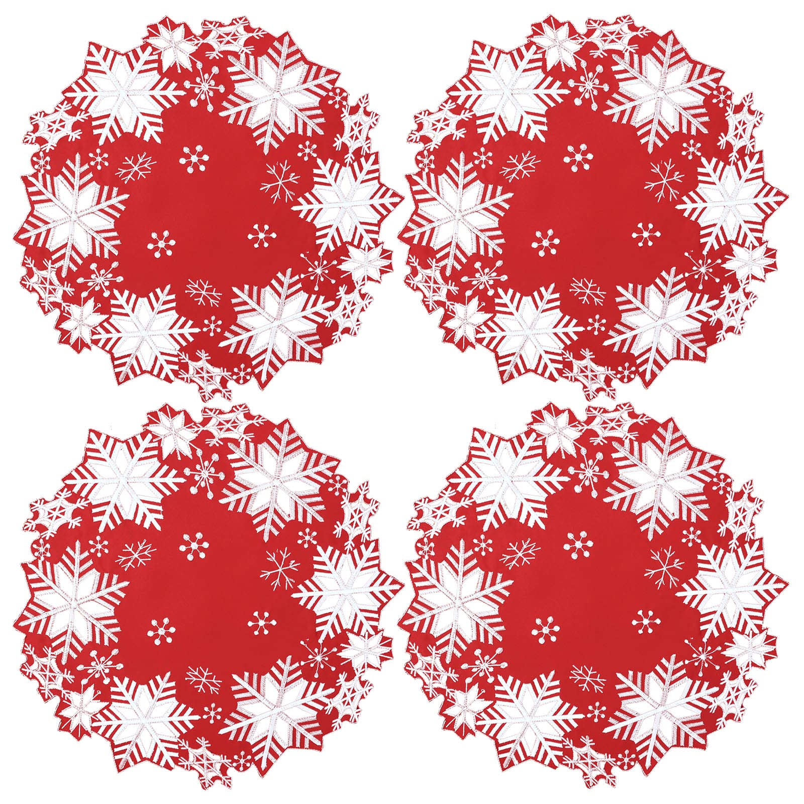 Simhomsen Set Of 4 Embroidered Snowflakes Round Doily, Place-Mats Round 15 Inches For Christmas Holiday And Winter, Dining Table