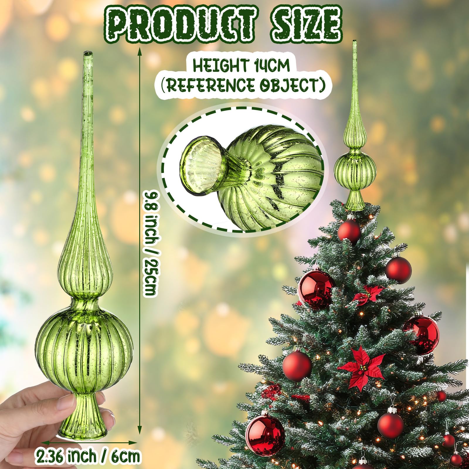 Gejoy Mercury Glass Finial Christmas Tree Topper Vintage Lime Green Spherical Ornaments Blown Glass Xmas Tree Topper Finials Mid