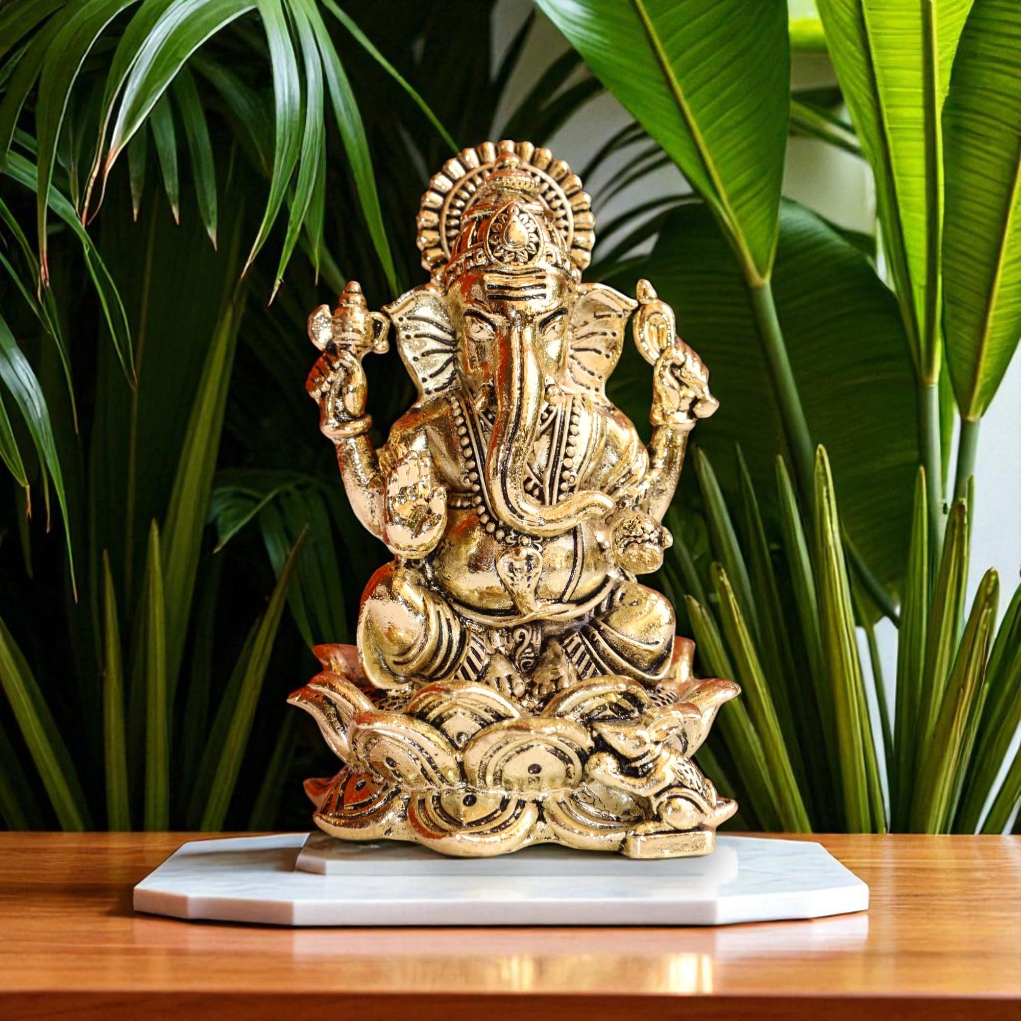 Raisom Antique Finish Pure Brass Ganesh Idol Sitting On Lotus | Mangalkari Ganapati God For Home Decor, Daily Use, Gifting, Hous