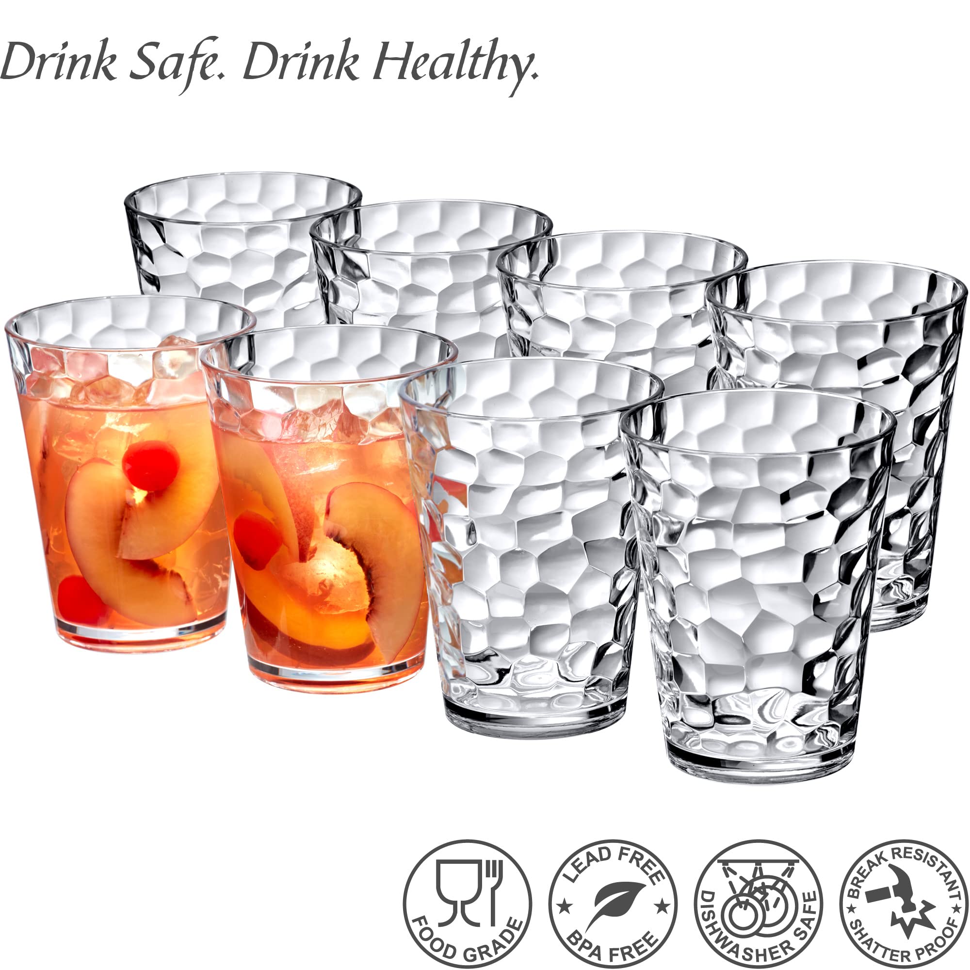 Amazing Abby - Iceberg - 16-Ounce Plastic Tumblers (Set Of 8), Plastic Drinking Glasses, All-Clear Reusable Plastic Cups, Stacka