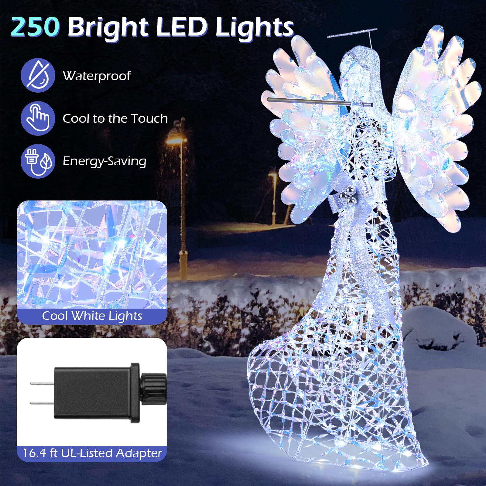 Tangkula 5.2 FT Christmas Lighted Iridescent Angel, 3D Glittering Halo Angel with Flute, Zip Ties and Ground Stakes, Xmas Holida