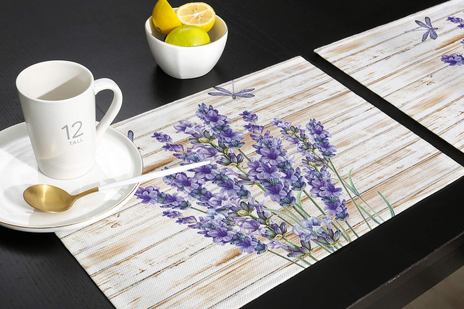 Purple Lavender Flower Floral Placemats Set Of 6 Non Slip Washable Table Mats Set, Dragonfly Rustic Wood Grain Table Placemats F