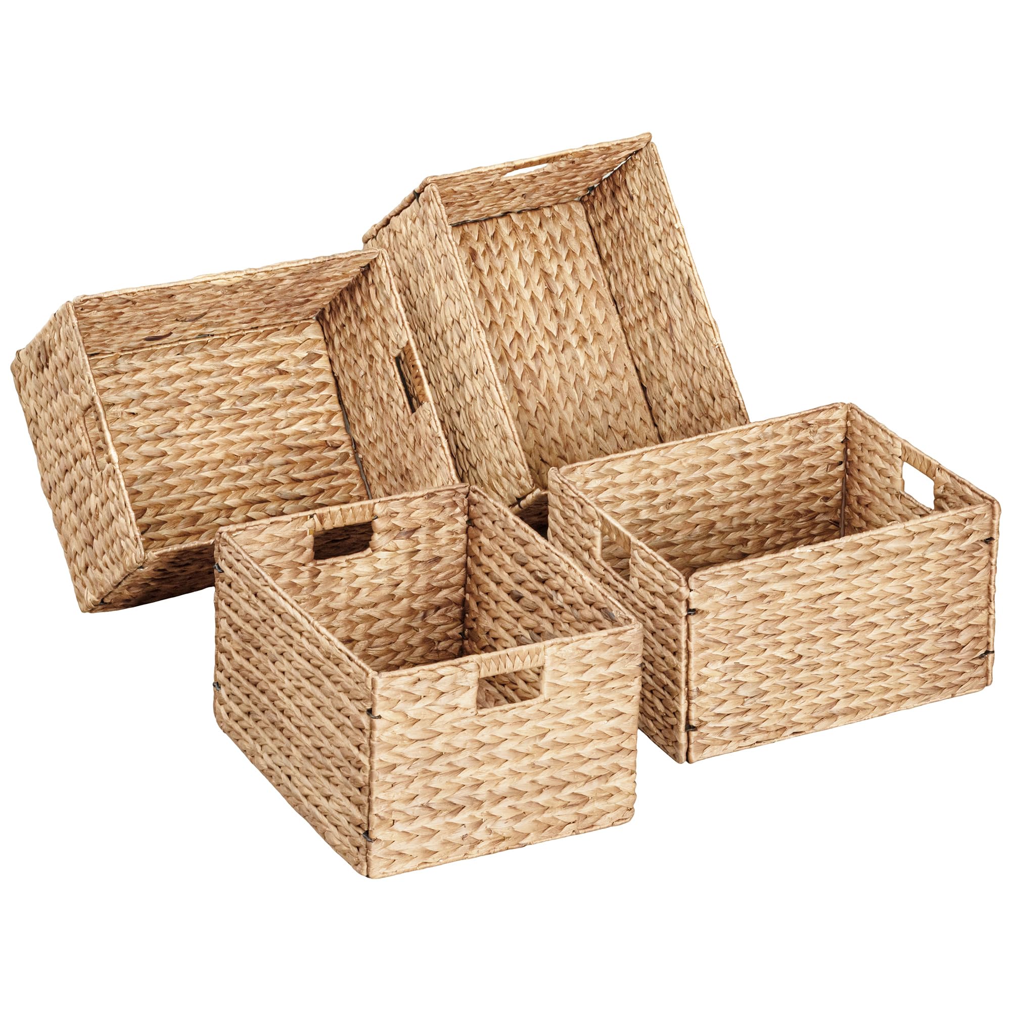 eHemco Rectangular Water Hyacinth Wicker Storage Baskets with Iron Wire Frame and Built-in handles 16.1''x12.6''x9.5''  Light Brown  Set of 4