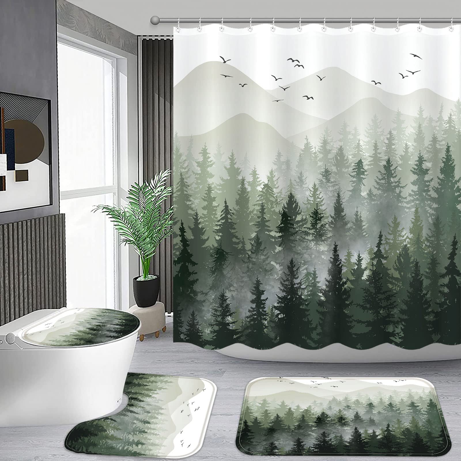 Fungarth 4 Pcs Green Misty Forest Shower Curtain Set With Rug Nature Mountain Bathroom Sets With Waterproof Fabric Shower Curtai