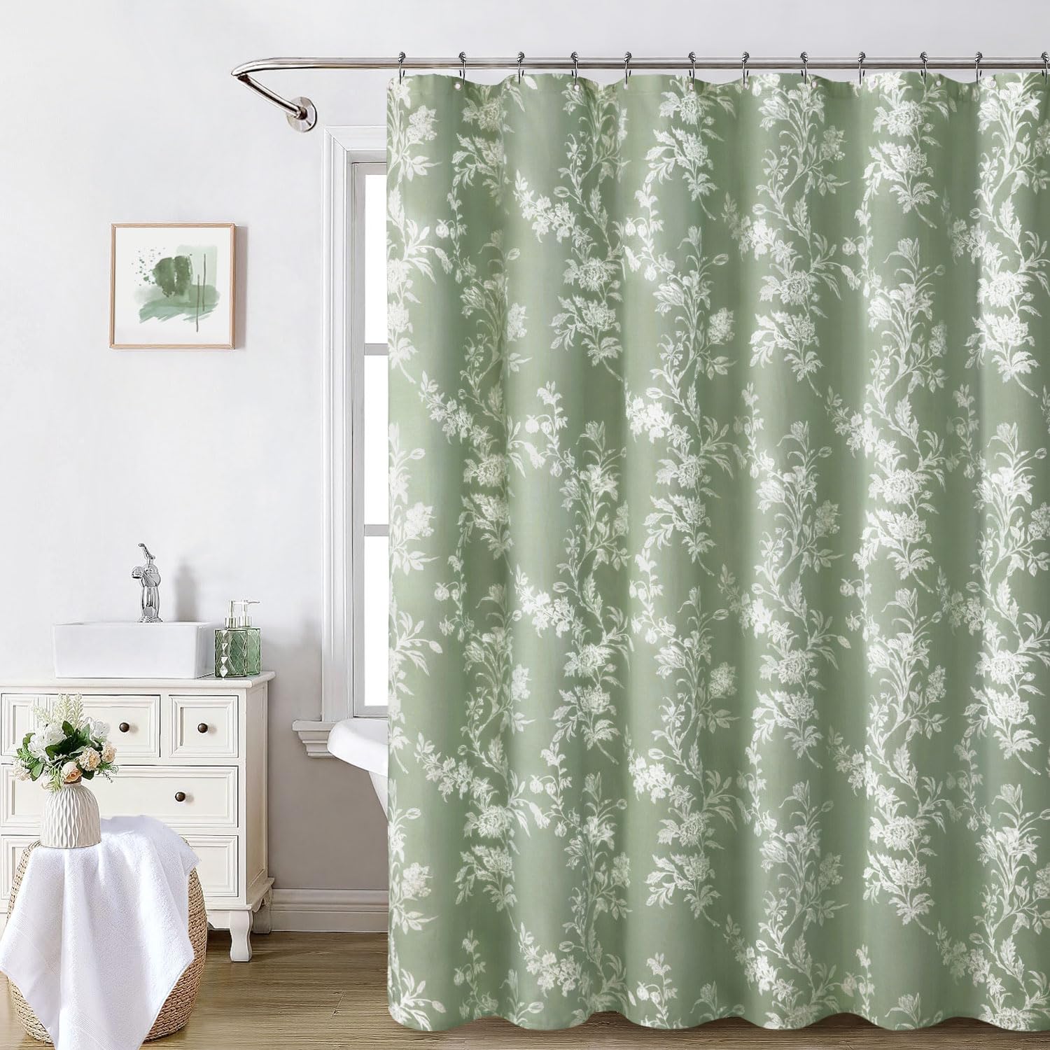 Awellife Green Shower Curtain,White Cotton Floral Shower Curtain For Bathroom