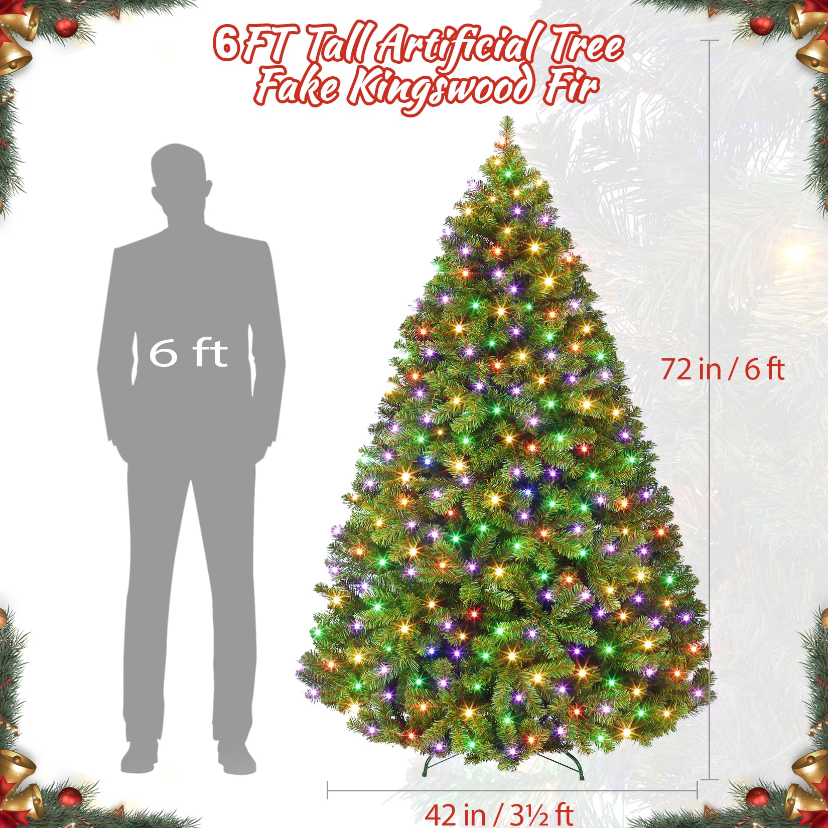 6FT Prelit Fluffy Noble Fir Artificial Christmas Tree with 500 Multicolor Lights& 9 Modes, Hinged Branches& 1400 Tips, Artificia