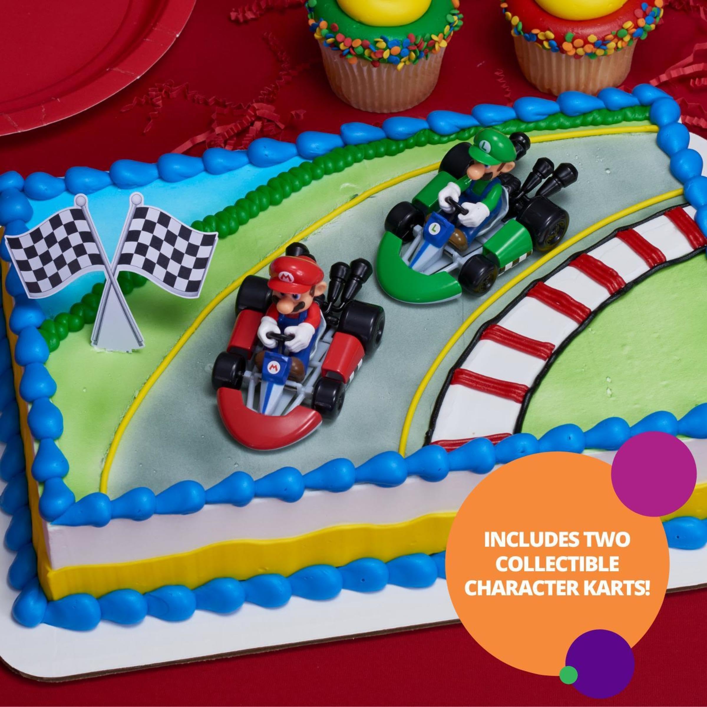 DecoPac Super Mario Kart Cake Topper  2-Pc Cake Topper with Race Car Toppers & Checkered Flag Decoration  Collectible Cars for Hours of Fun After the Party
