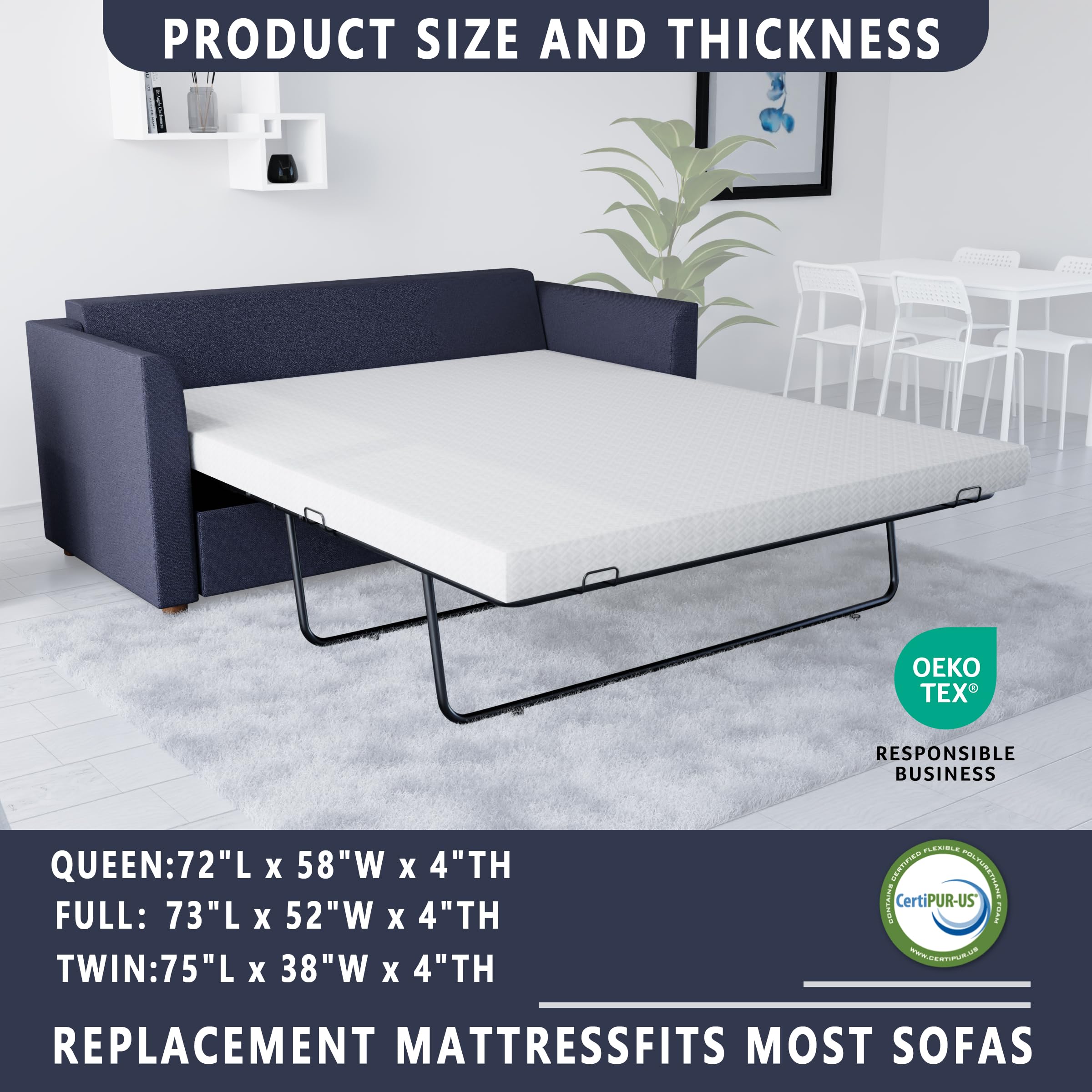 Wilzealan 4 Inch Memory Foam Replacement Mattress For Sleeper Sofa And Couch Beds,Queen Size,Certipur-Us Certified,Washable Cove