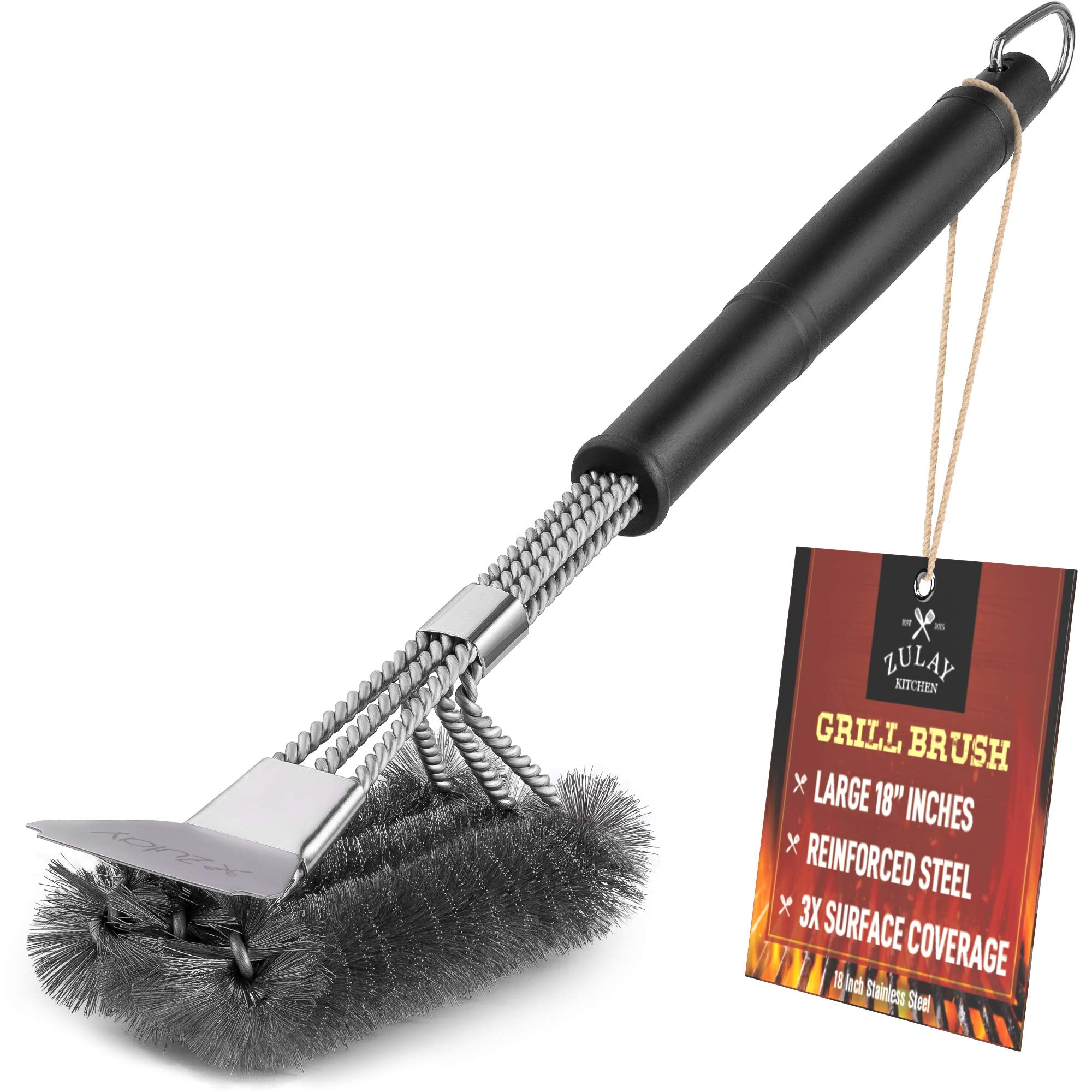 18'' Heat Boss Grill Brush And Scraper - 3 Rows Of Reinforced Stainless Steel Bristles - Best Heavy Duty Outdoor Grill Brush For