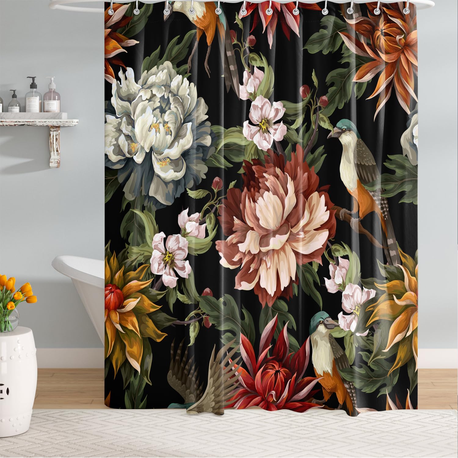 Bivinar Vintage Peonies Roses And Birds Shower Curtain, Waterproof Fabric Black Floral Bathroom Shower Curtain With 12 Hooks, 72