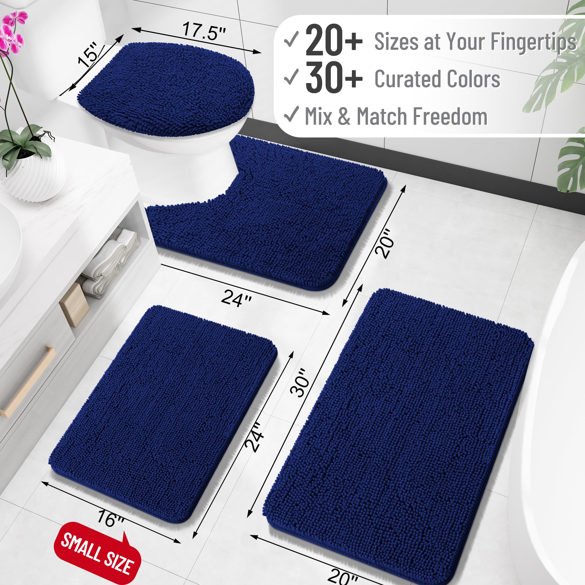 OLANLY Chenille Toilet Rugs U-Shaped 24x24, Navy, Extra Soft, Absorbent, Non-Slip, Machine Washable Bathroom Mat