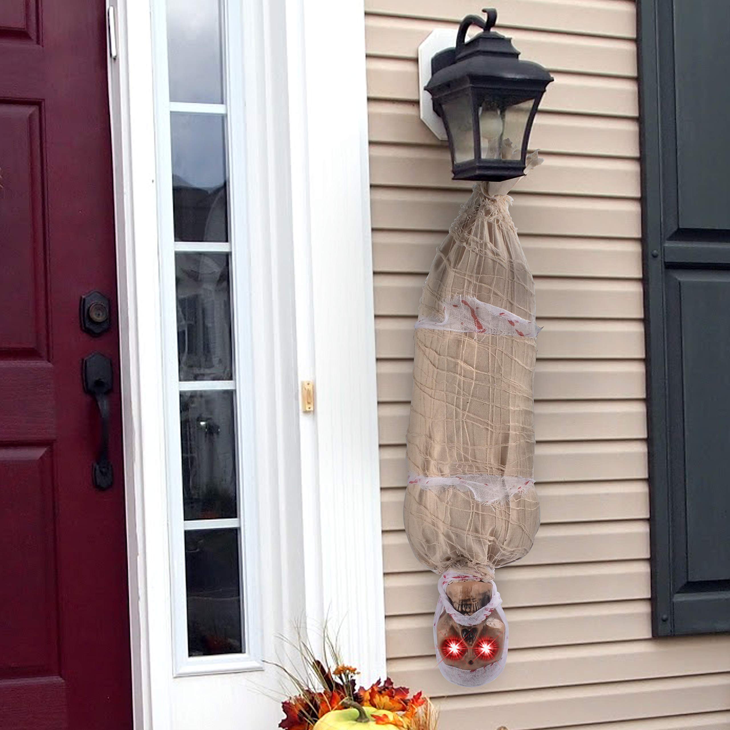 JOYIN 35 Halloween Animated Hanging Cocoon Corpse Decoration, Dead Body Prop with LED Light Up Eyes & Sound Effect, Spooky Corps