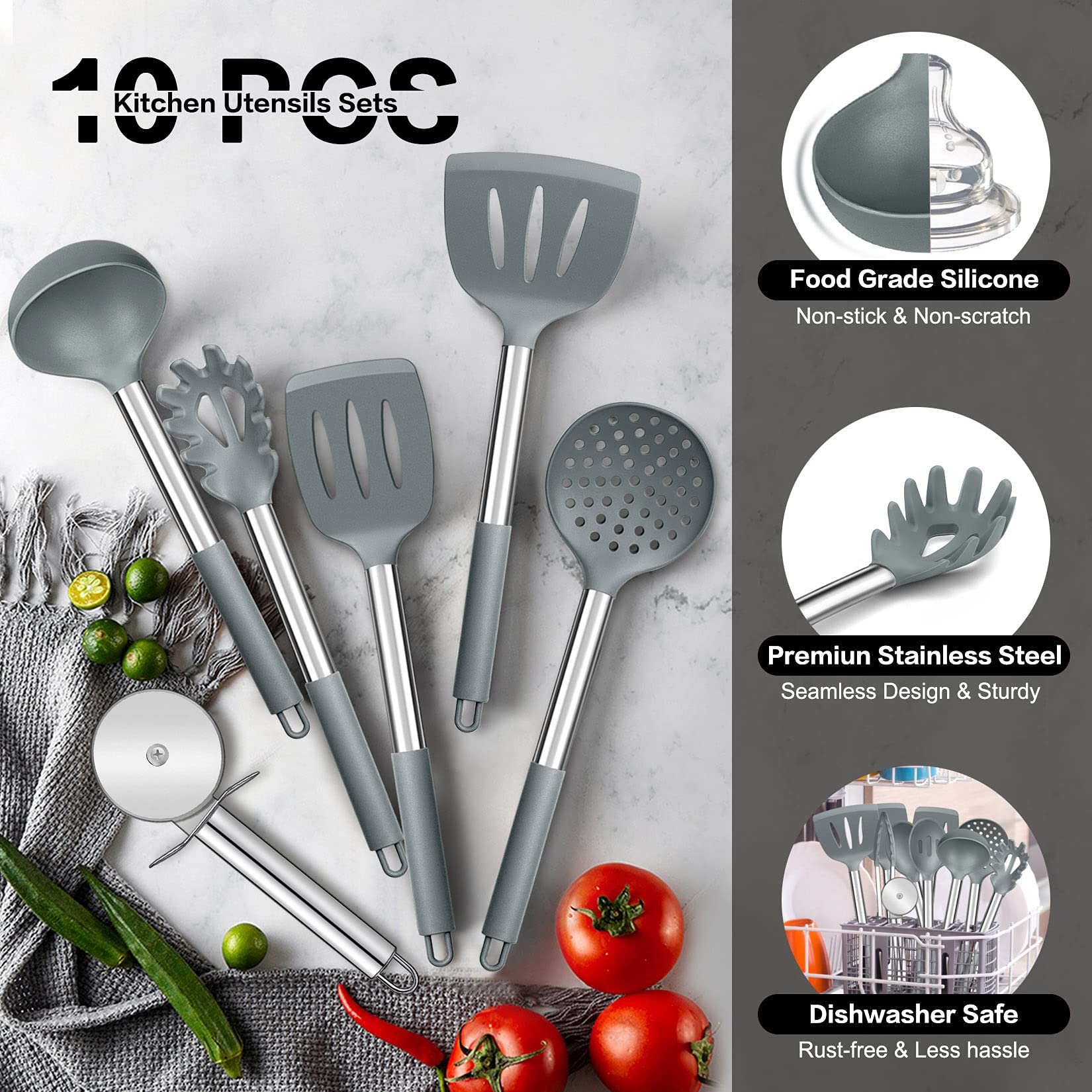 P&P CHEF Silicone Kitchen Utensils Set of 10, Heat-Resistant, Non-toxic, Gray, Stainless Steel Handles, Model SRKU-31