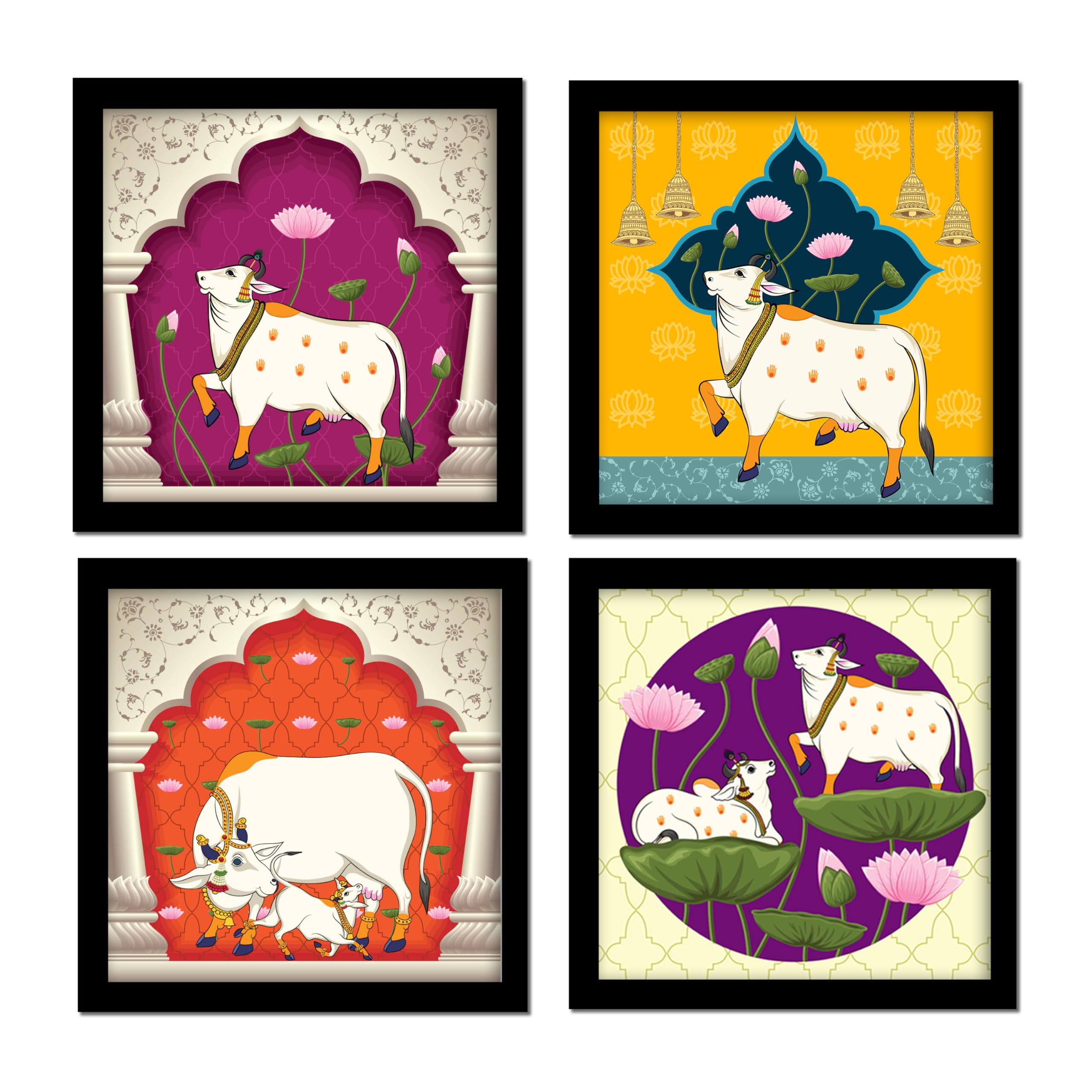 Rousrie Pichwai Art Painting Wall Frames For Living Room | Pack Of 4 | Wall Hanging Decorative Items | Decoration Items For Home